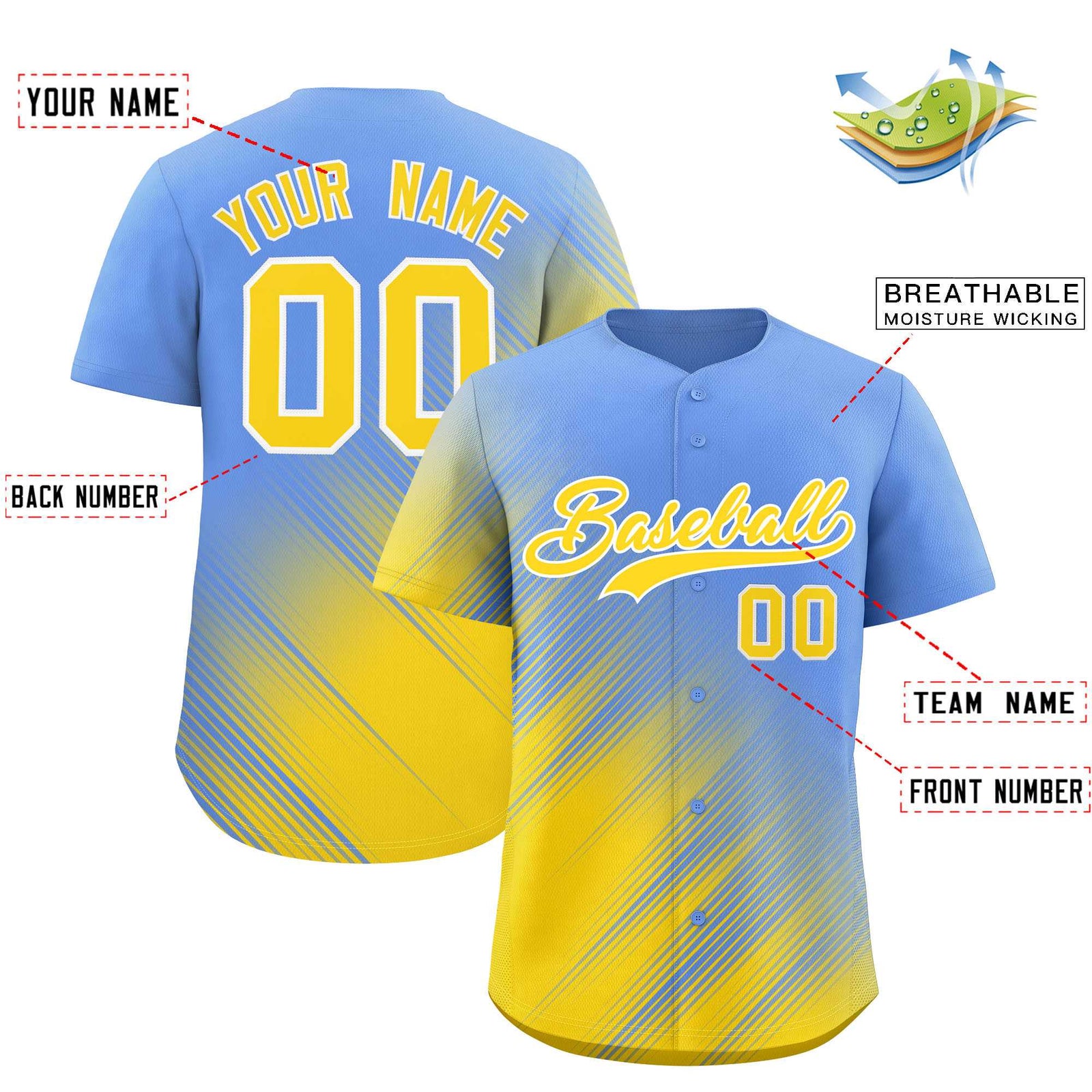 Custom Light Blue Gold Diagonal Stripe Personalized Gradient Fashion Baseball Jersey