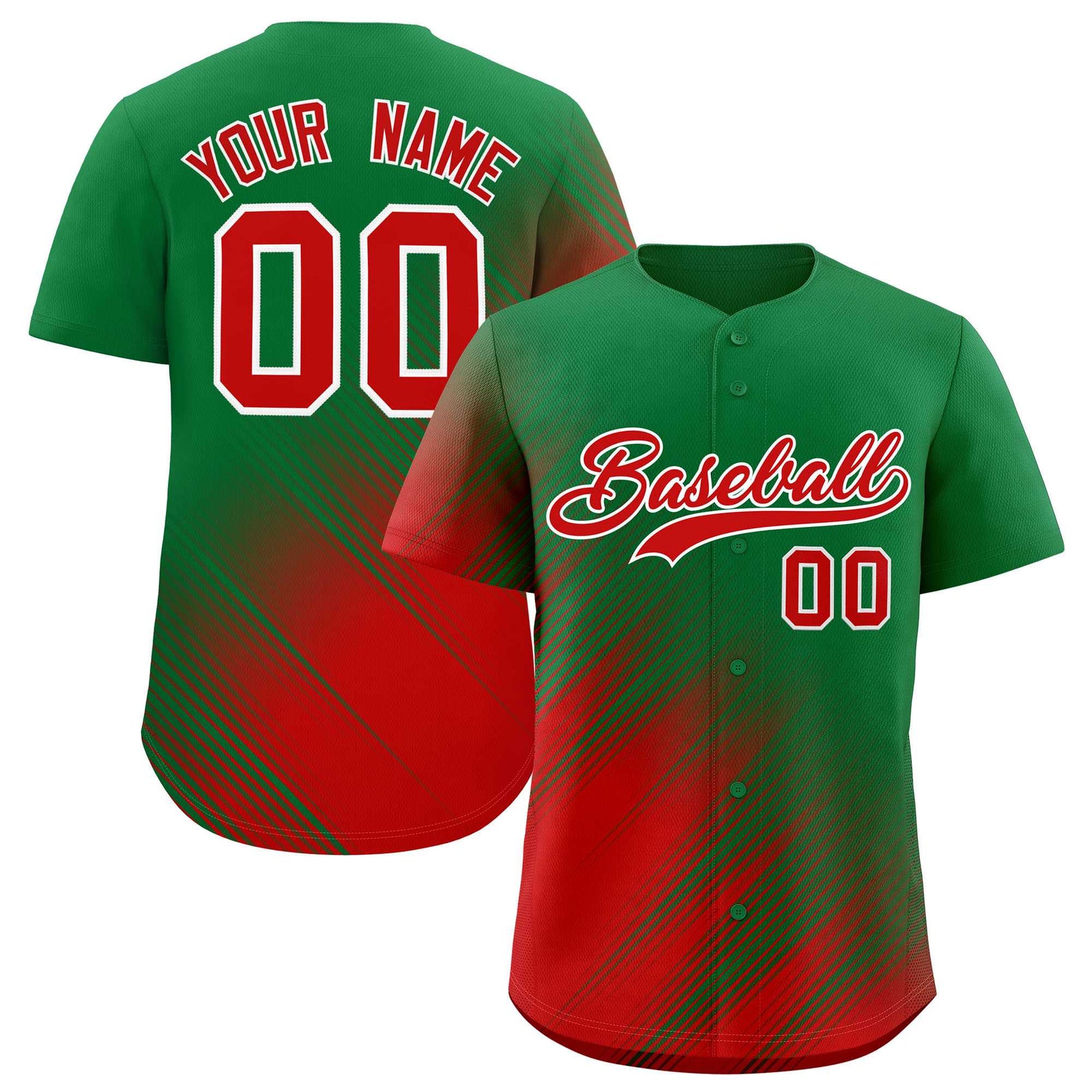 Custom Kelly Green Red Diagonal Stripe Personalized Gradient Fashion Baseball Jersey