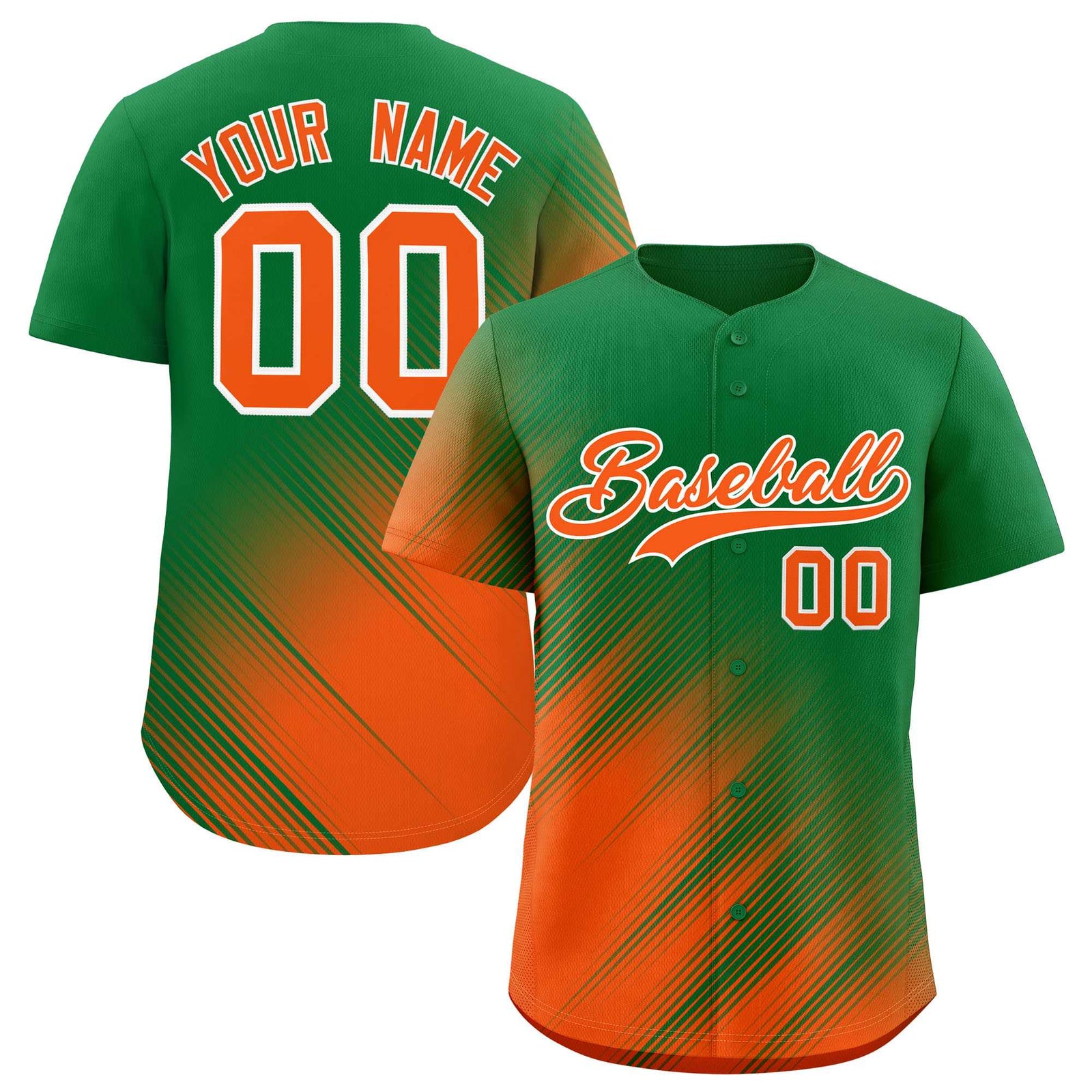 Custom Kelly Green Orange Diagonal Stripe Personalized Gradient Fashion Baseball Jersey