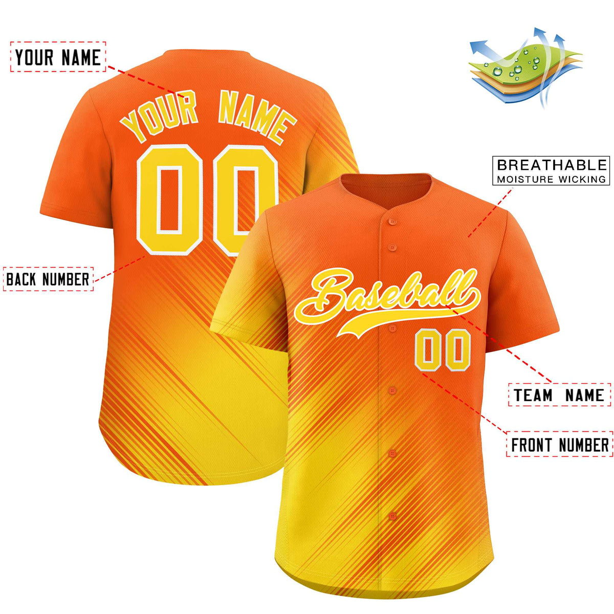 Custom Orange Gold Diagonal Stripe Personalized Gradient Fashion Baseball Jersey