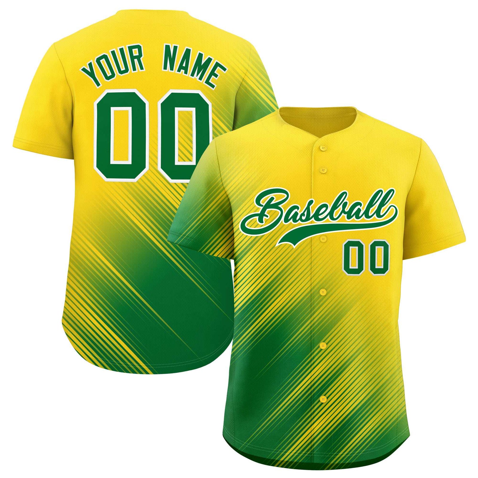 Custom Gold Kelly Green Diagonal Stripe Personalized Gradient Fashion Baseball Jersey