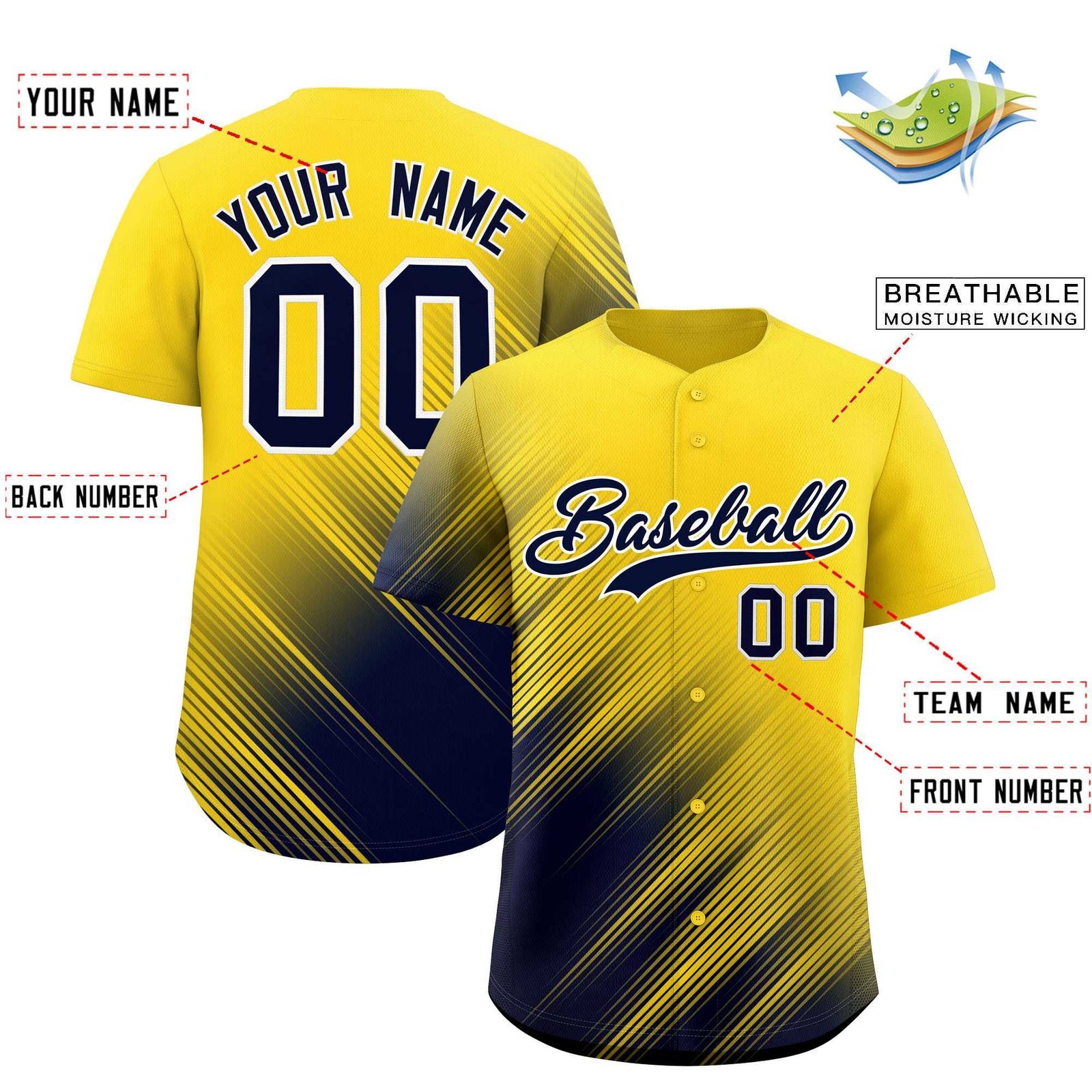 Custom Gold Navy Diagonal Stripe Personalized Gradient Fashion Baseball Jersey