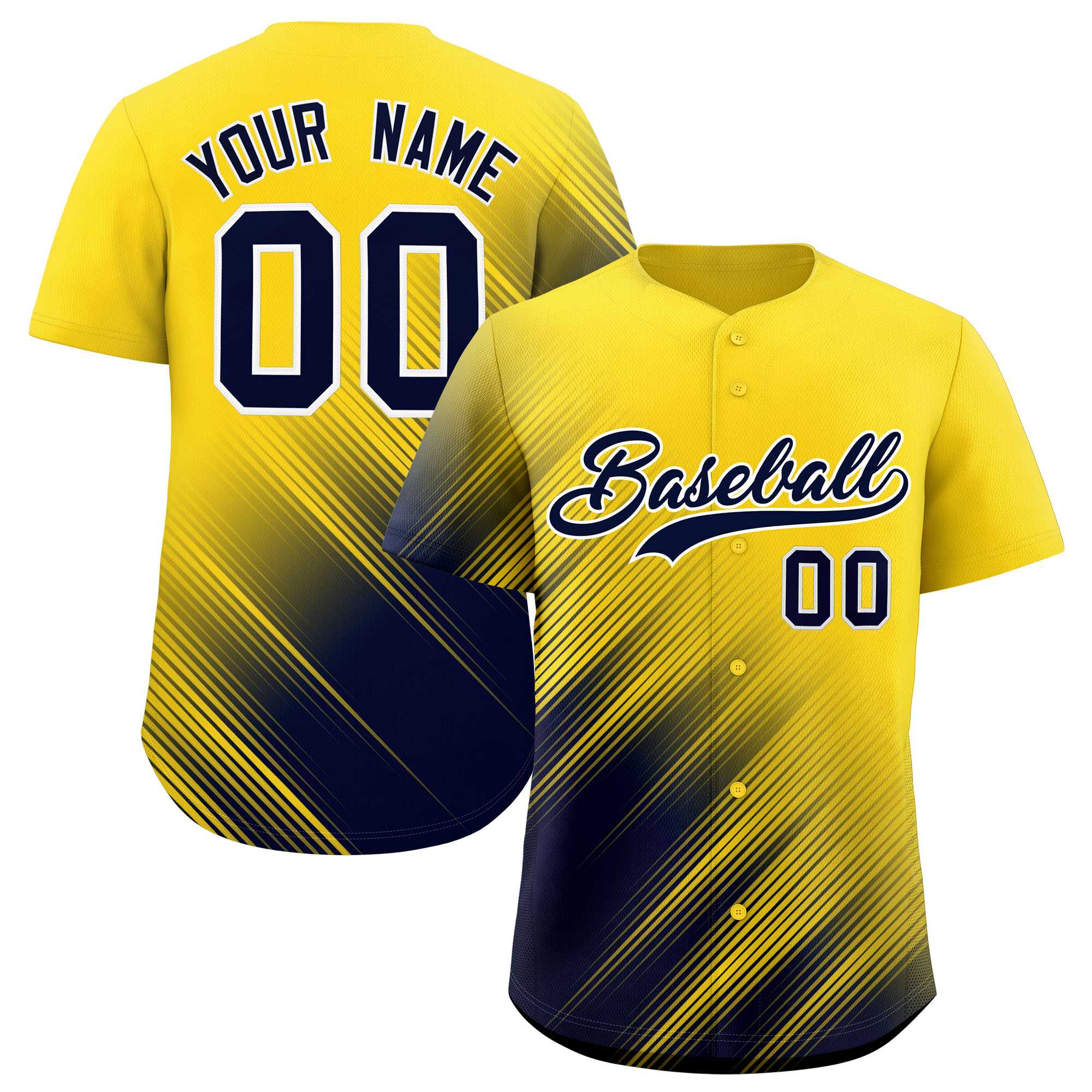 Custom Gold Navy Diagonal Stripe Personalized Gradient Fashion Baseball Jersey