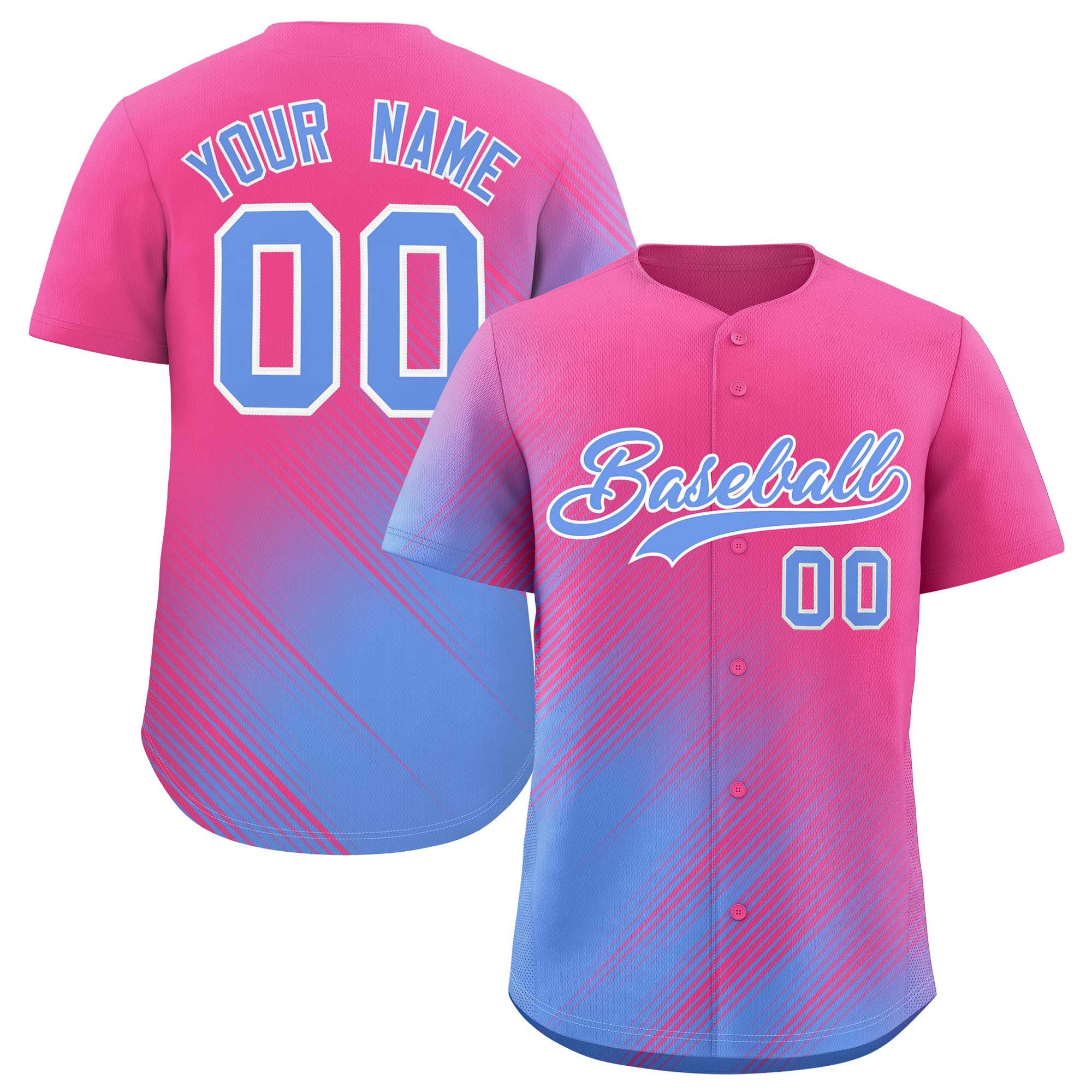 Custom Pink Light Blue Diagonal Stripe Personalized Gradient Fashion Baseball Jersey