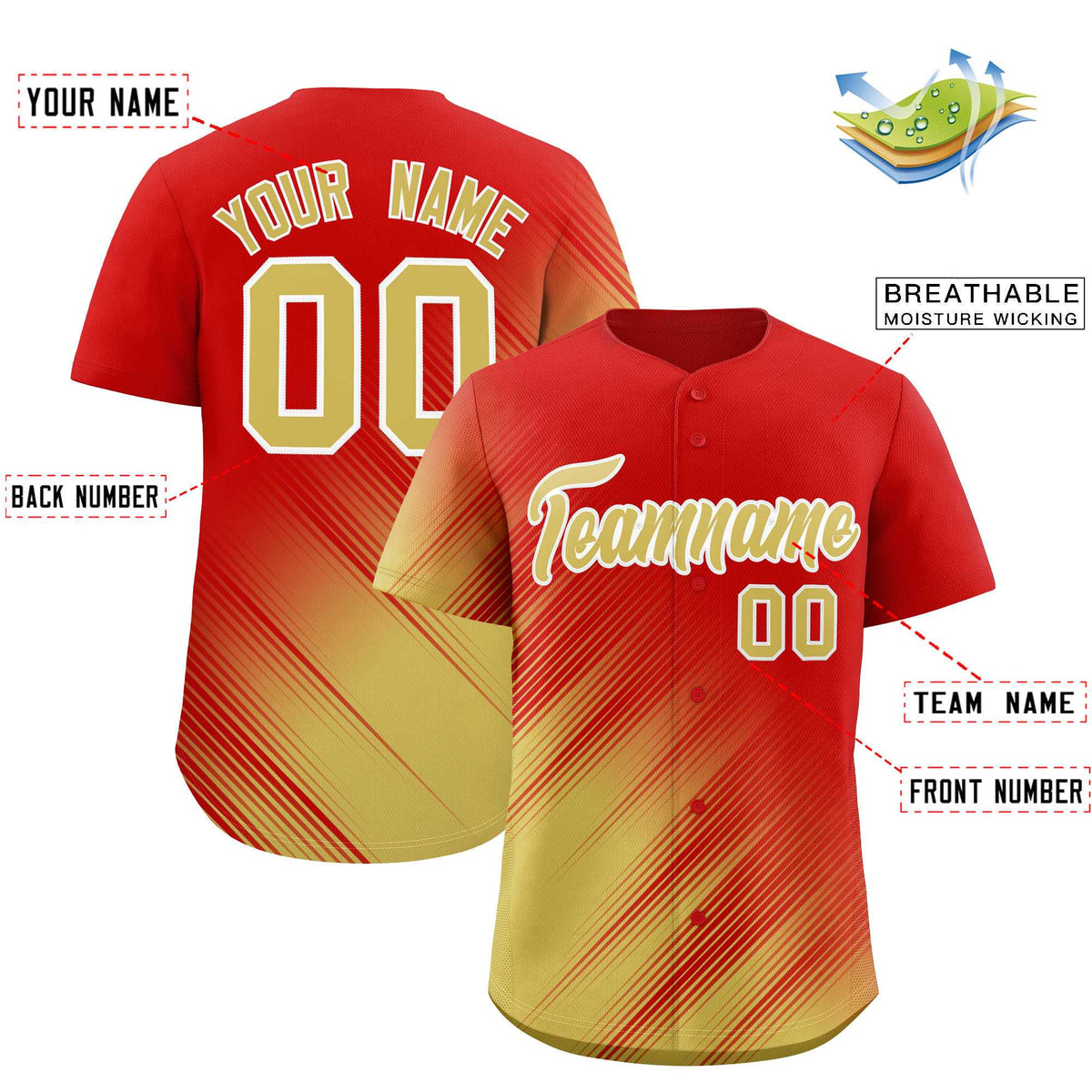 Custom Red Old Gold Diagonal Stripe Personalized Gradient Fashion Baseball Jersey