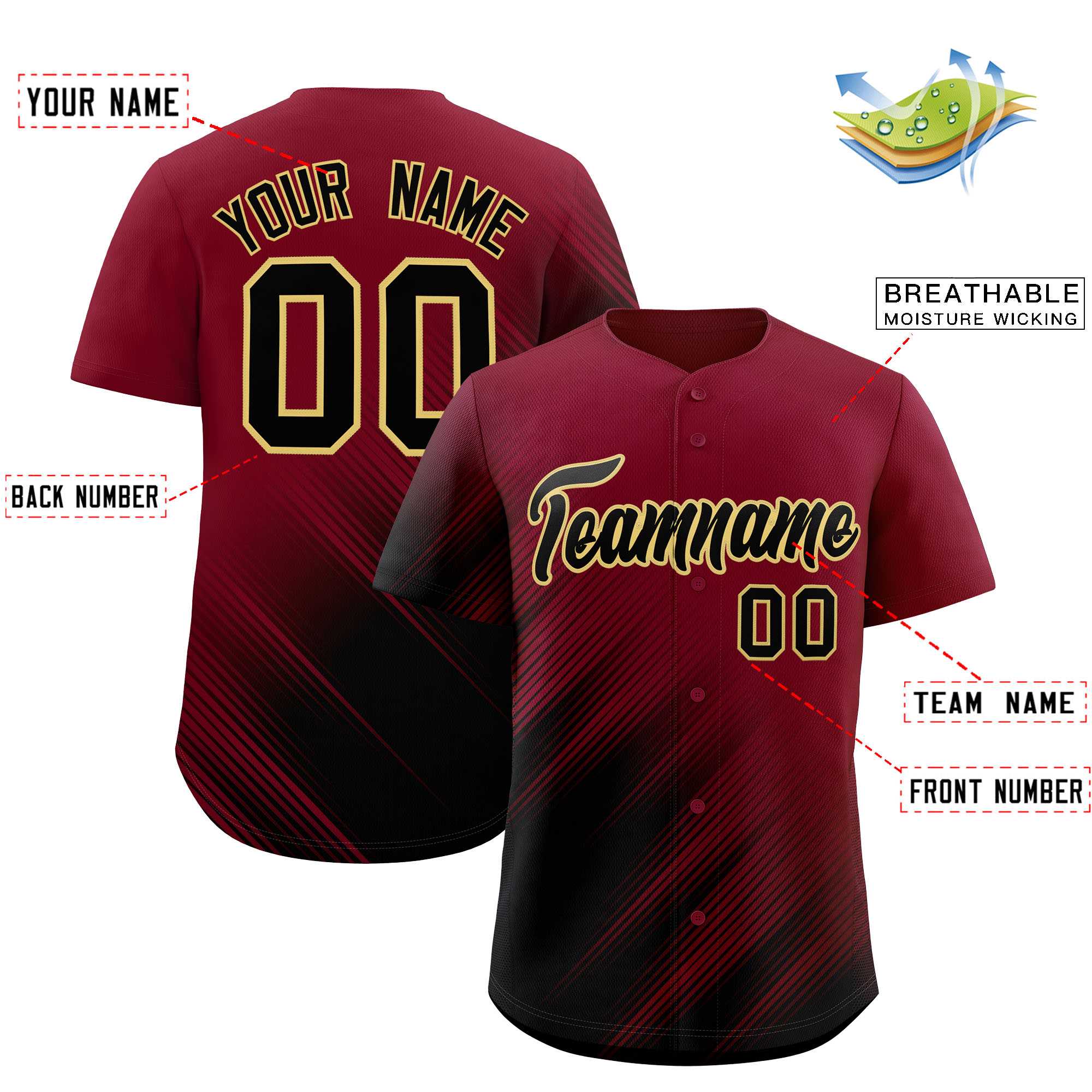 Custom Crimson Black Diagonal Stripe Personalized Gradient Fashion Baseball Jersey