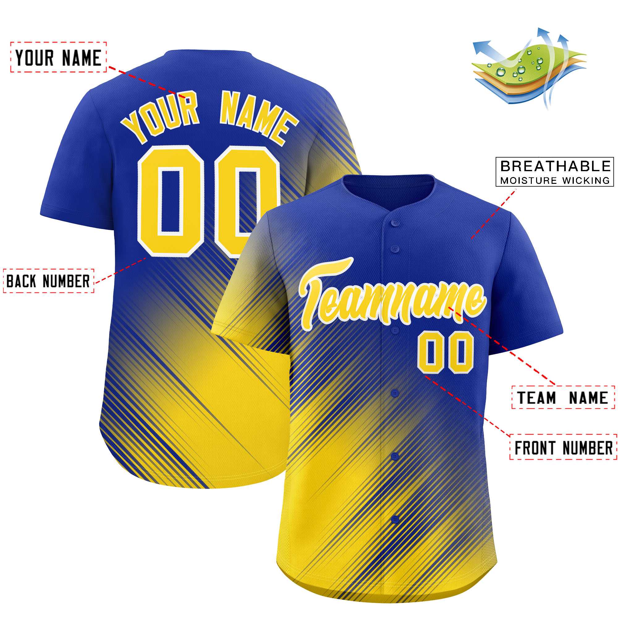 Custom Royal Gold Diagonal Stripe Personalized Gradient Fashion Baseball Jersey