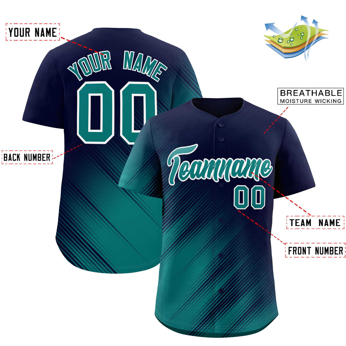Custom Navy Aqua Diagonal Stripe Personalized Gradient Fashion Baseball Jersey