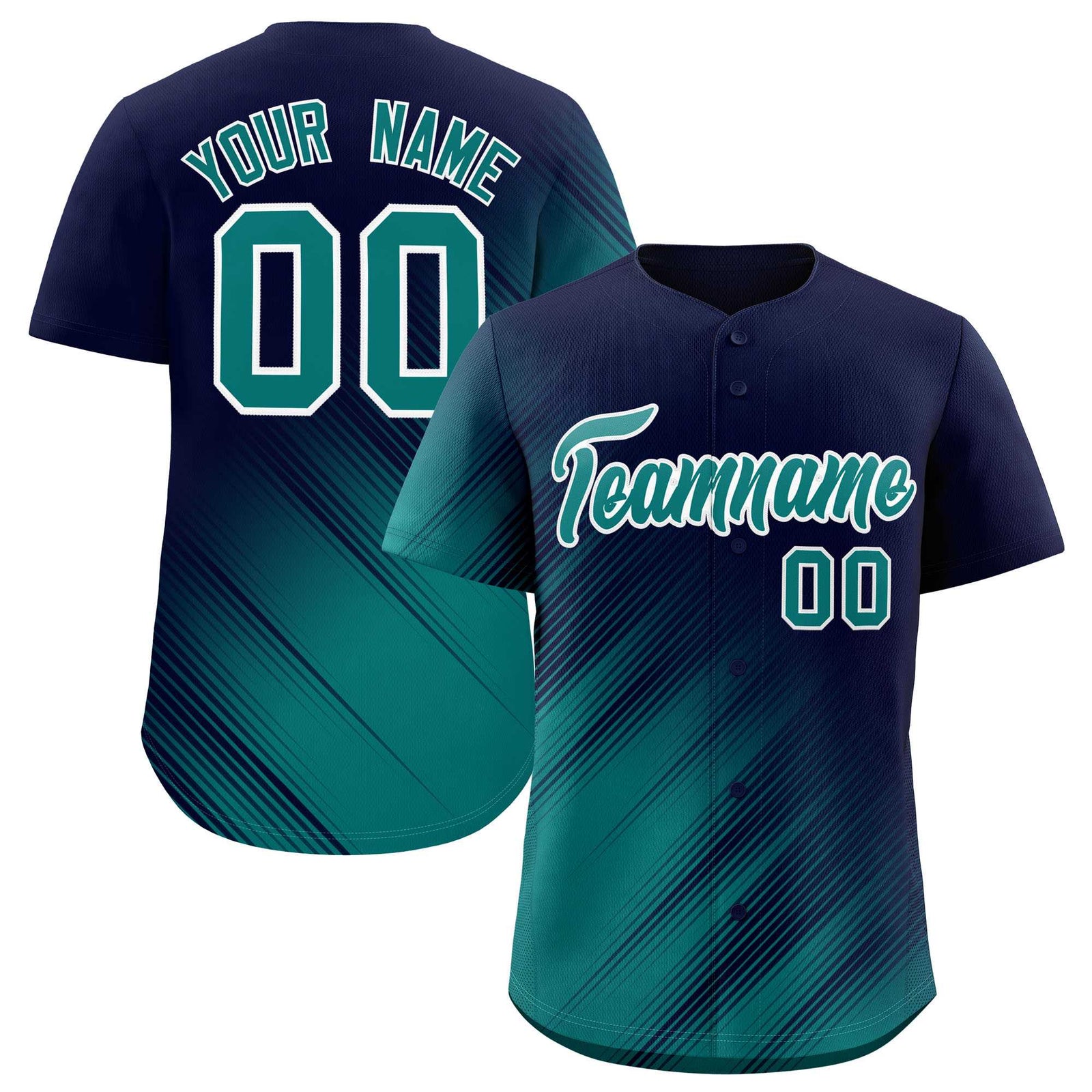 Custom Navy Aqua Diagonal Stripe Personalized Gradient Fashion Baseball Jersey