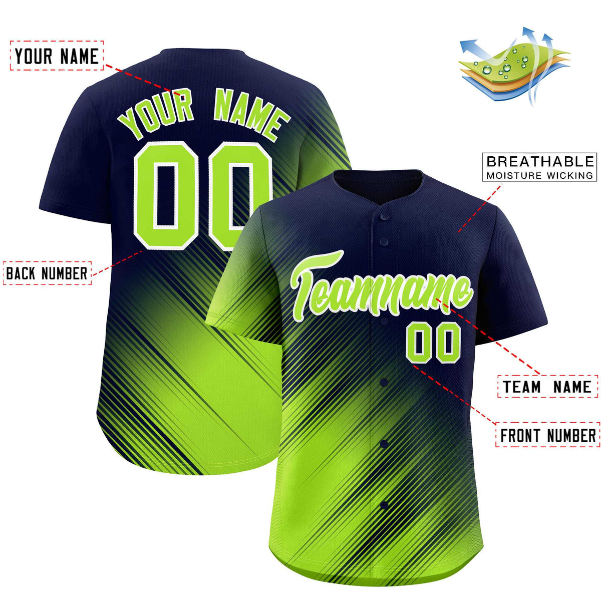 Custom Navy Neon Green Diagonal Stripe Personalized Gradient Fashion Baseball Jersey