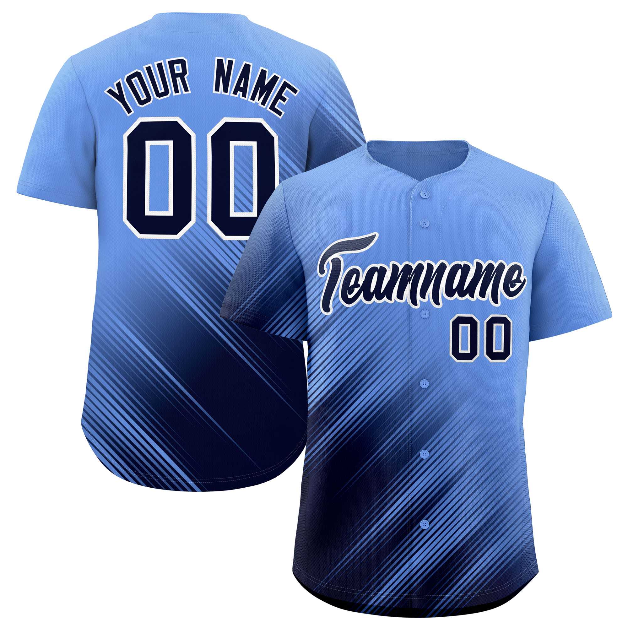Custom Light Blue Navy Diagonal Stripe Personalized Gradient Fashion Baseball Jersey