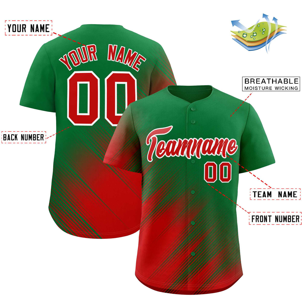 Custom Kelly Green Red Diagonal Stripe Personalized Gradient Fashion Baseball Jersey