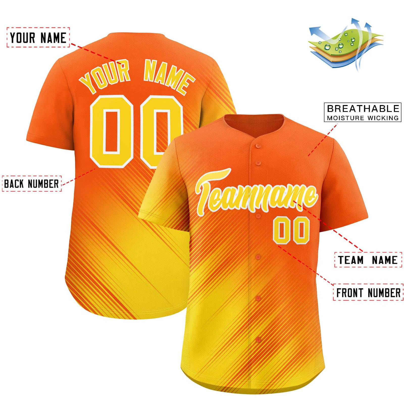 Custom Orange Gold Diagonal Stripe Personalized Gradient Fashion Baseball Jersey