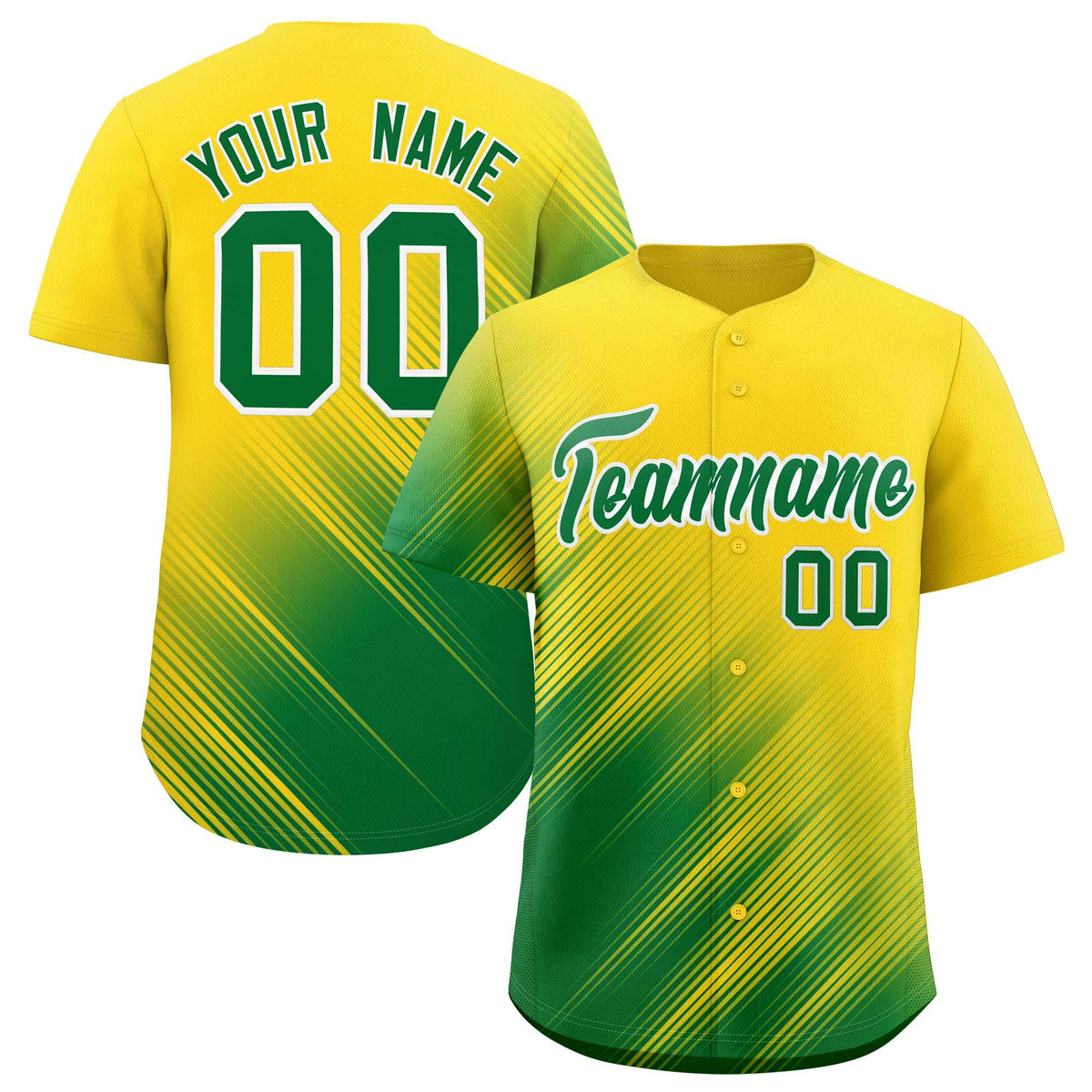 Custom Gold Kelly Green Diagonal Stripe Personalized Gradient Fashion Baseball Jersey