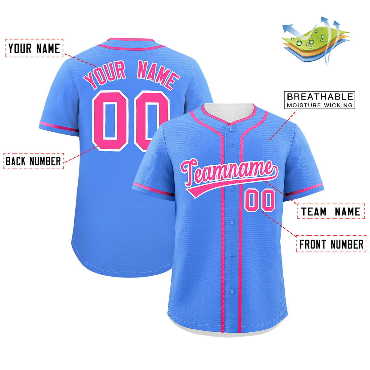 Custom Powder Blue Pink Personalized Classic Authentic Baseball Jersey