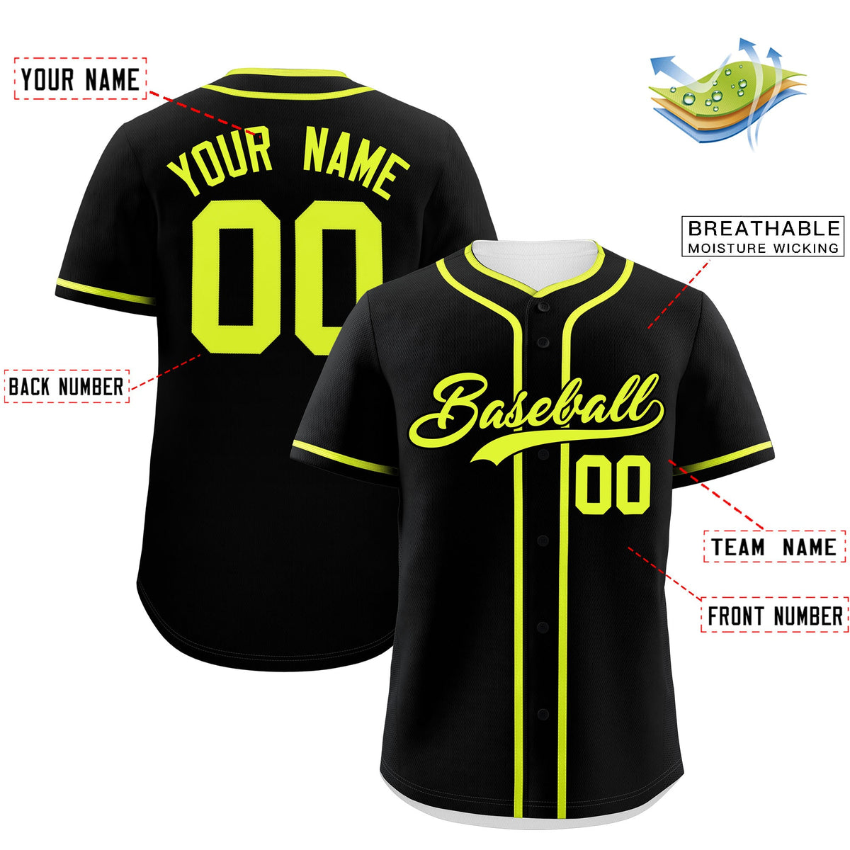 Custom Black Neon Green Personalized Classic Authentic Baseball Jersey