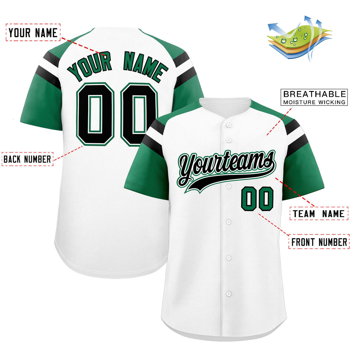 Custom White Kelly Green Contrast Raglan Sleeves Authentic Baseball Jersey