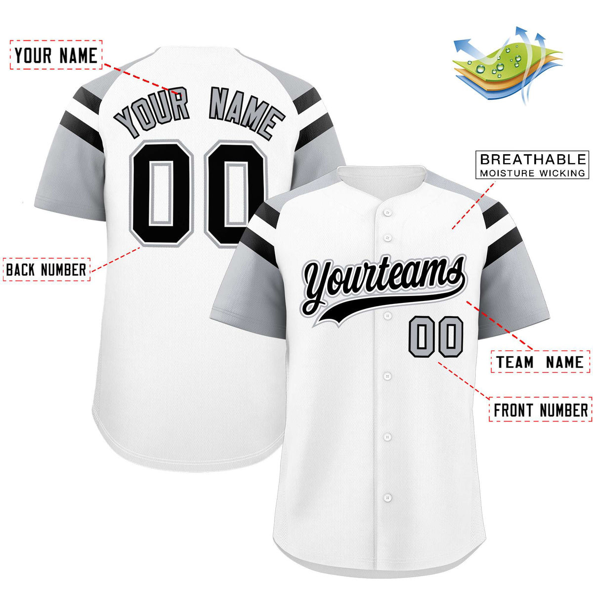 Custom White Silver Contrast Raglan Sleeves Authentic Baseball Jersey