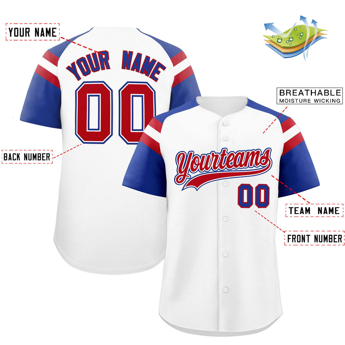 Custom White Royal Contrast Raglan Sleeves Authentic Baseball Jersey