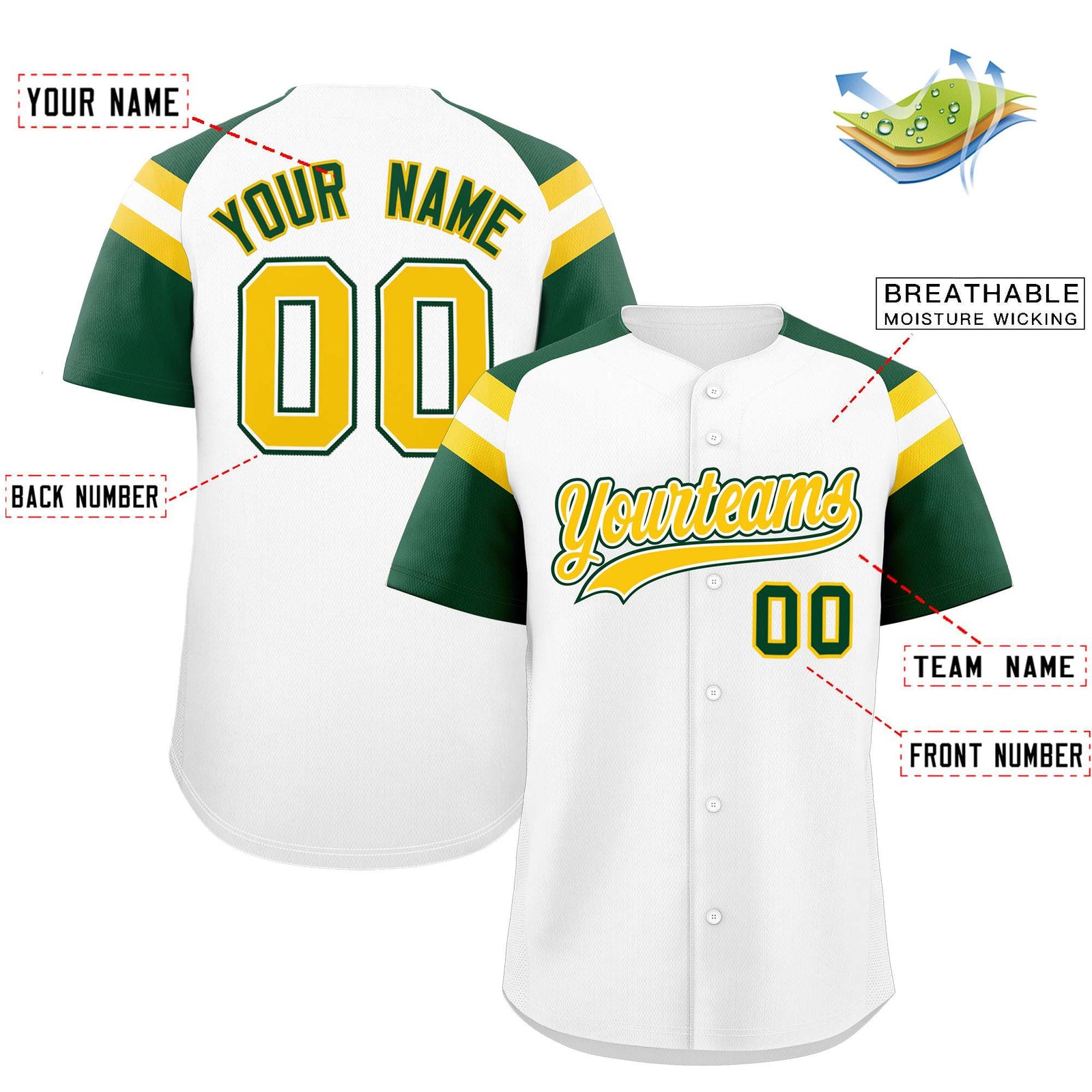 Custom White Green Contrast Raglan Sleeves Authentic Baseball Jersey