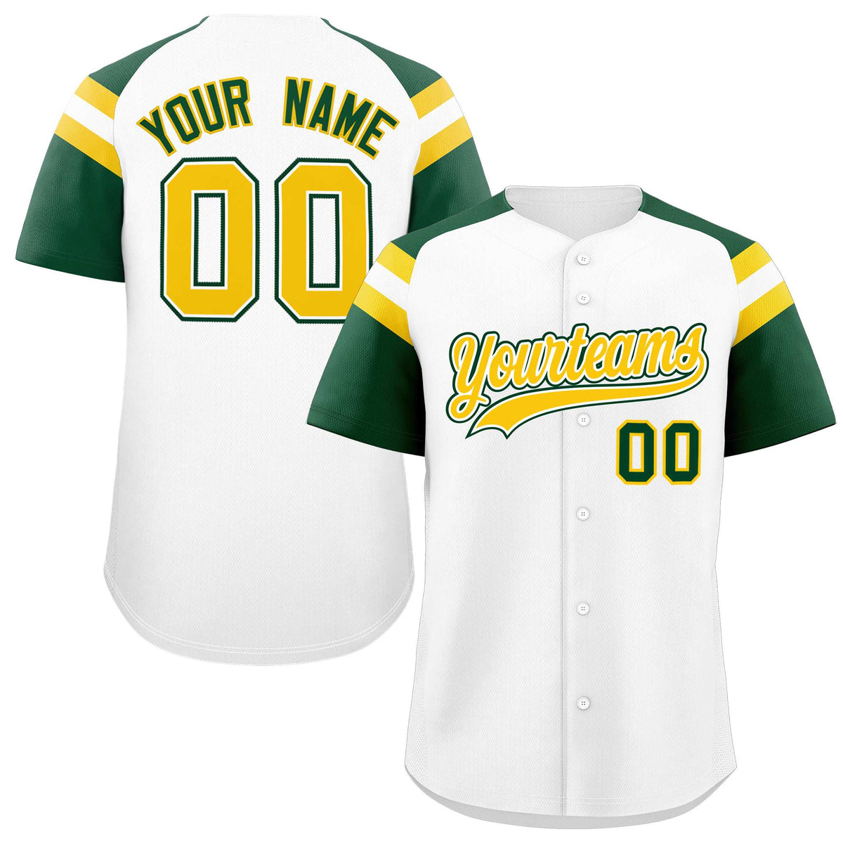 Custom White Green Contrast Raglan Sleeves Authentic Baseball Jersey