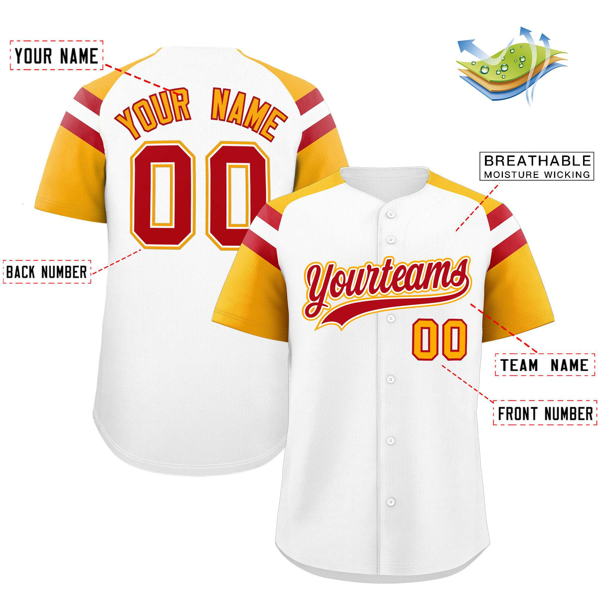 Custom White Yellow Contrast Raglan Sleeves Authentic Baseball Jersey