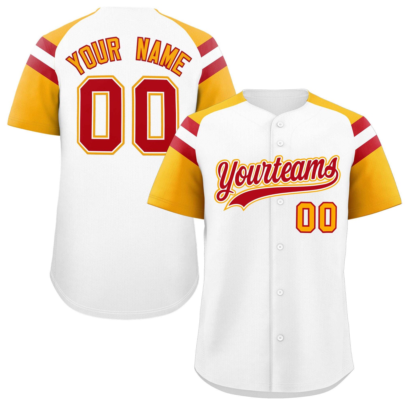 Custom White Yellow Contrast Raglan Sleeves Authentic Baseball Jersey