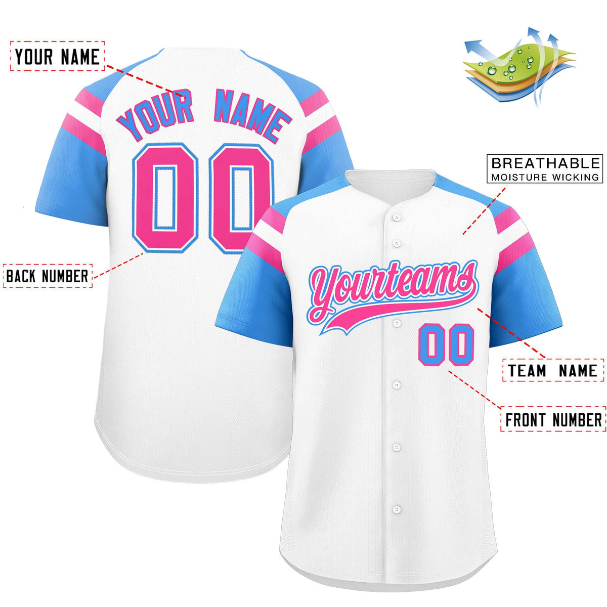 Custom White Powder Blue Contrast Raglan Sleeves Authentic Baseball Jersey