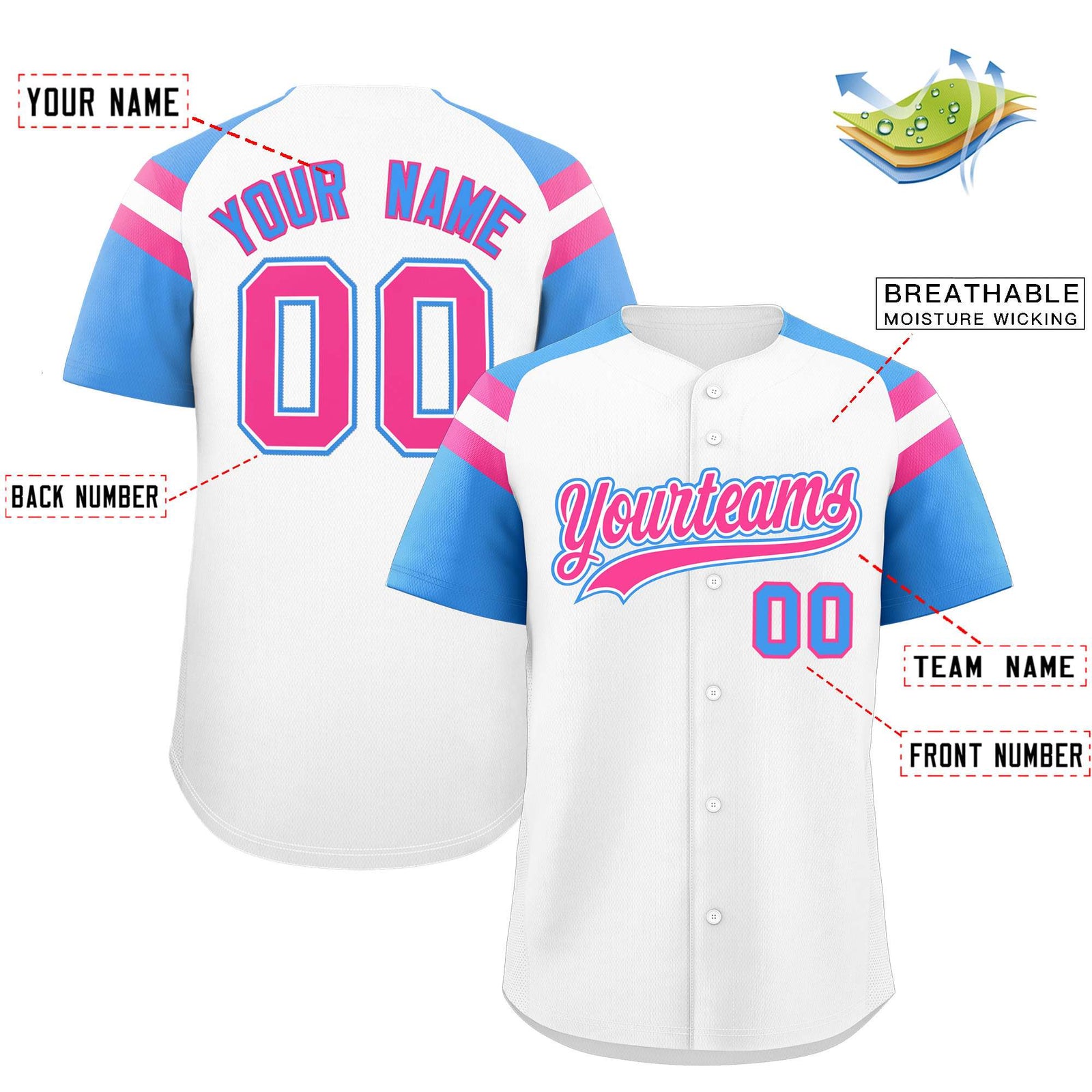 Custom White Powder Blue Contrast Raglan Sleeves Authentic Baseball Jersey
