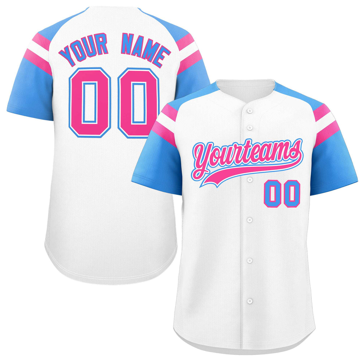 Custom White Powder Blue Contrast Raglan Sleeves Authentic Baseball Jersey