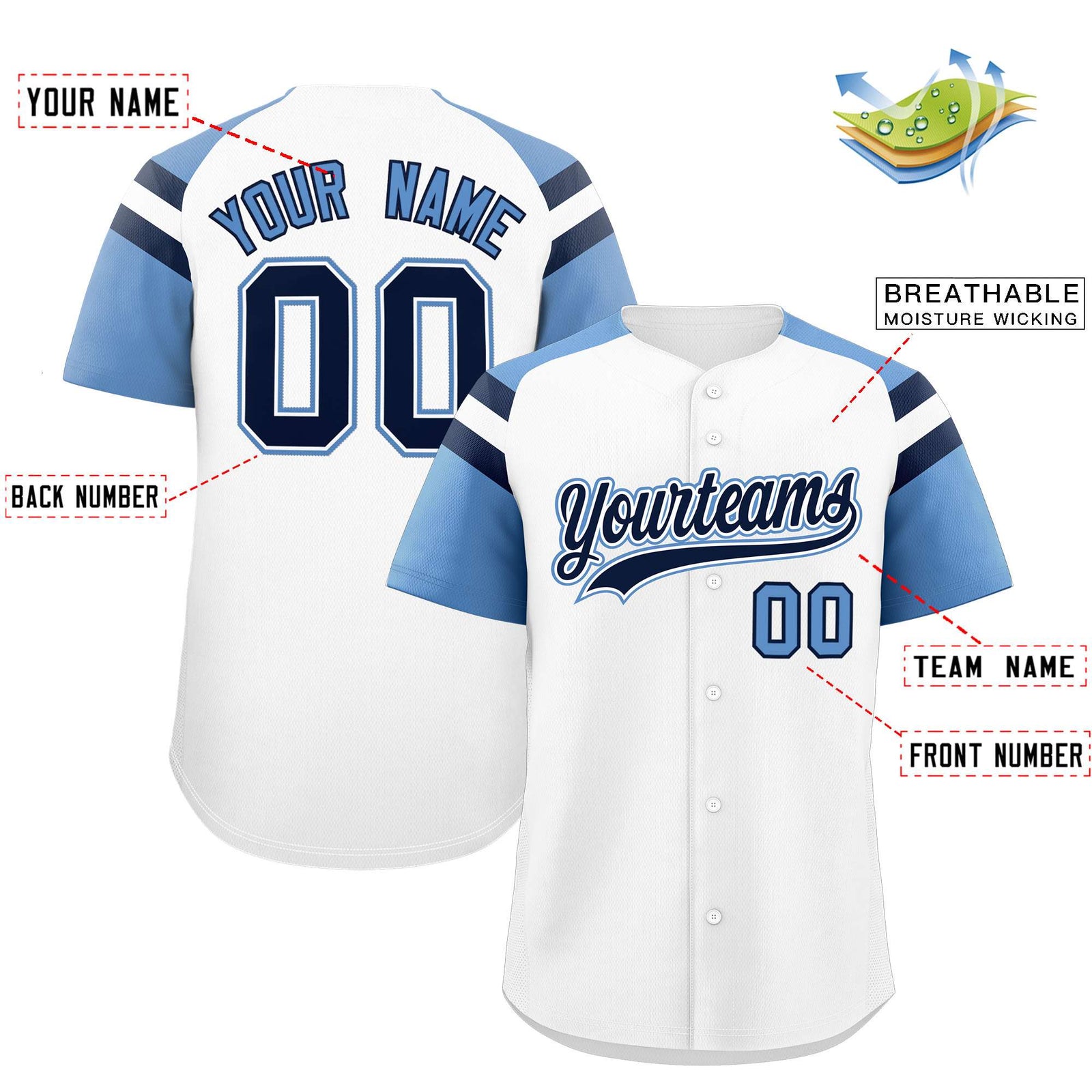 Custom White Light Blue Contrast Raglan Sleeves Authentic Baseball Jersey