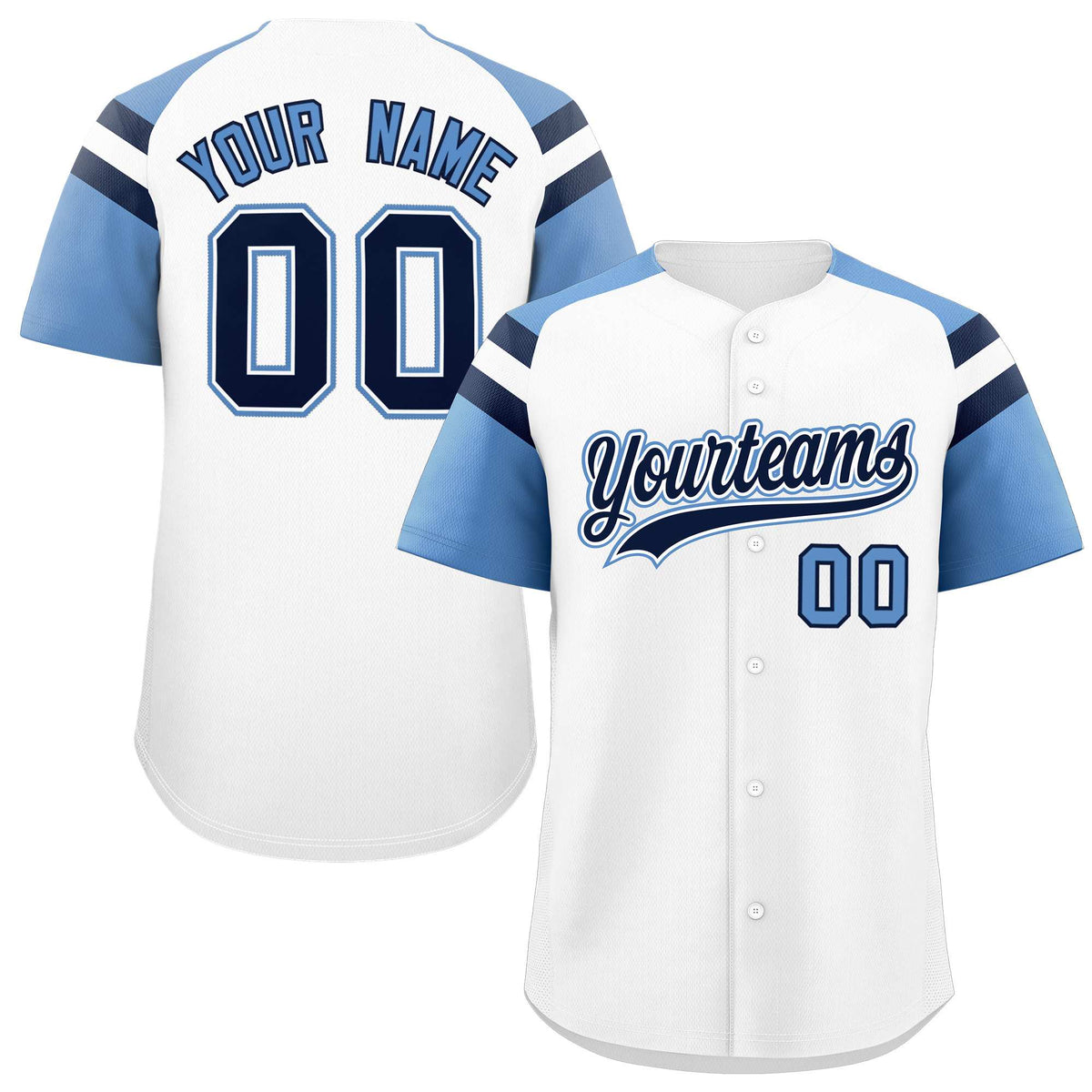 Custom White Light Blue Contrast Raglan Sleeves Authentic Baseball Jersey