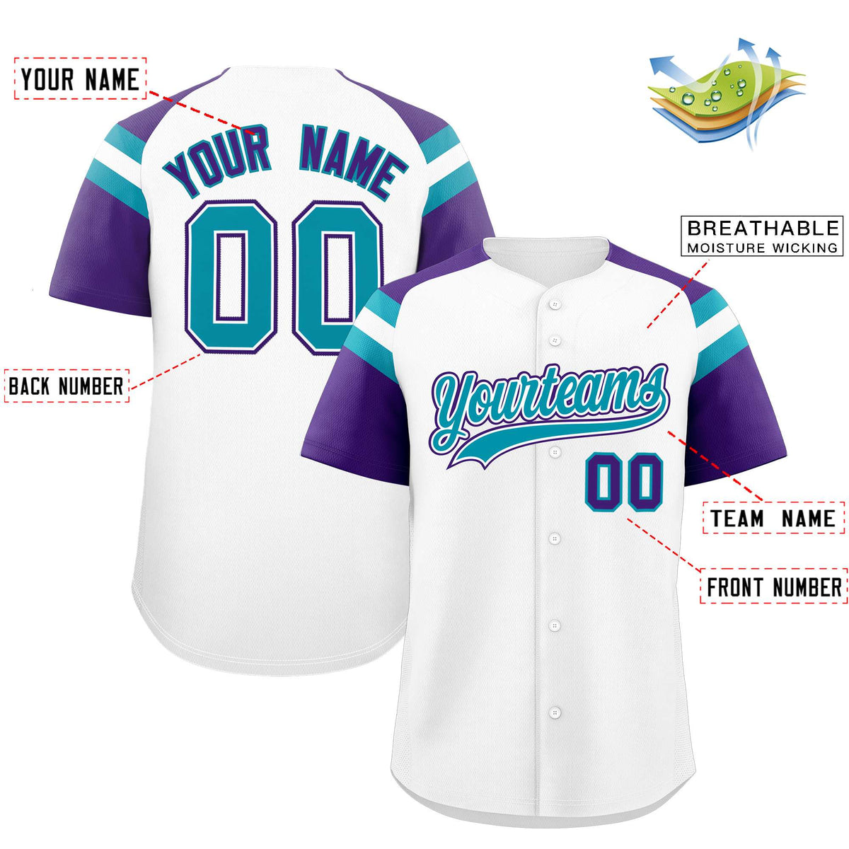 Custom White Purple Contrast Raglan Sleeves Authentic Baseball Jersey