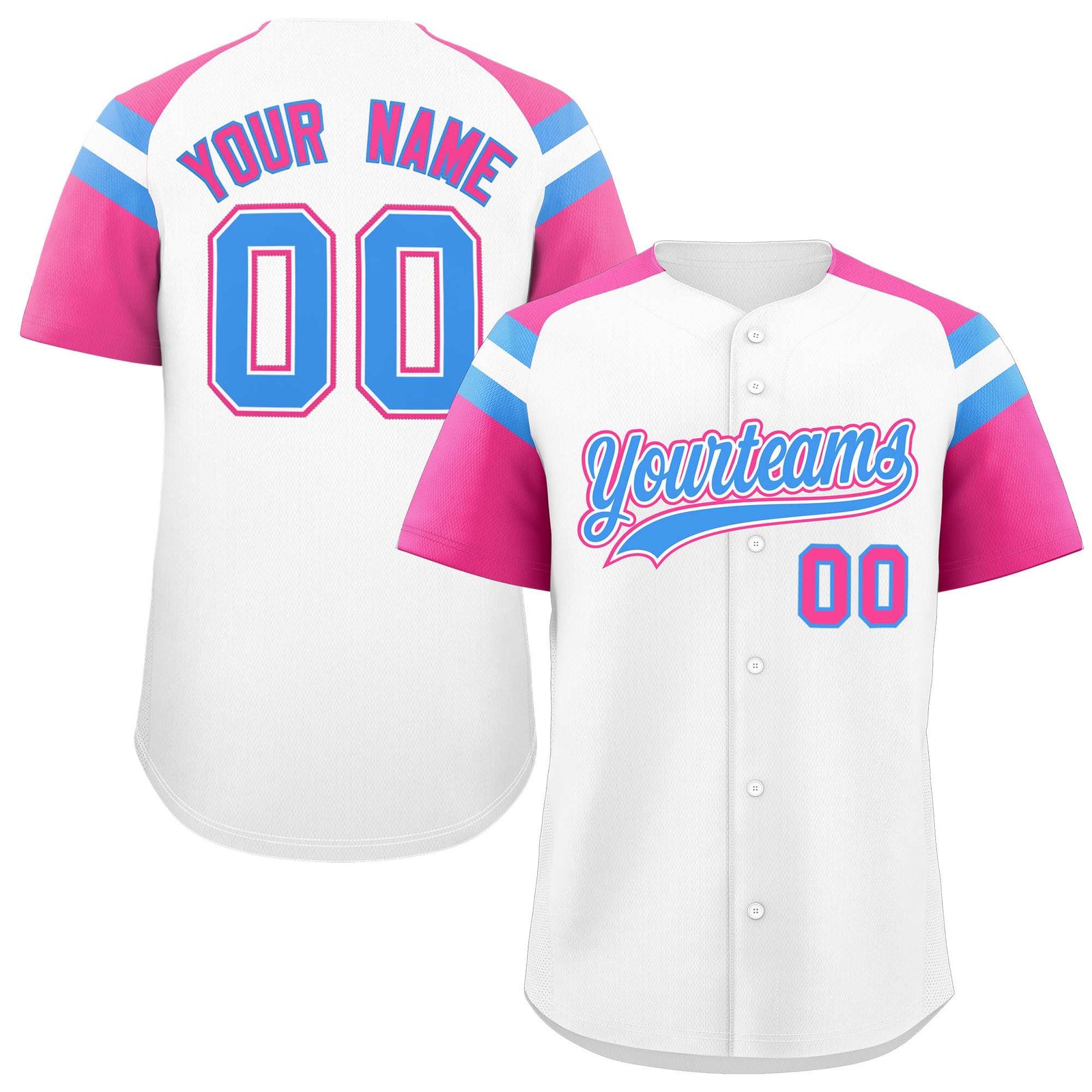 Custom White Pink Contrast Raglan Sleeves Authentic Baseball Jersey