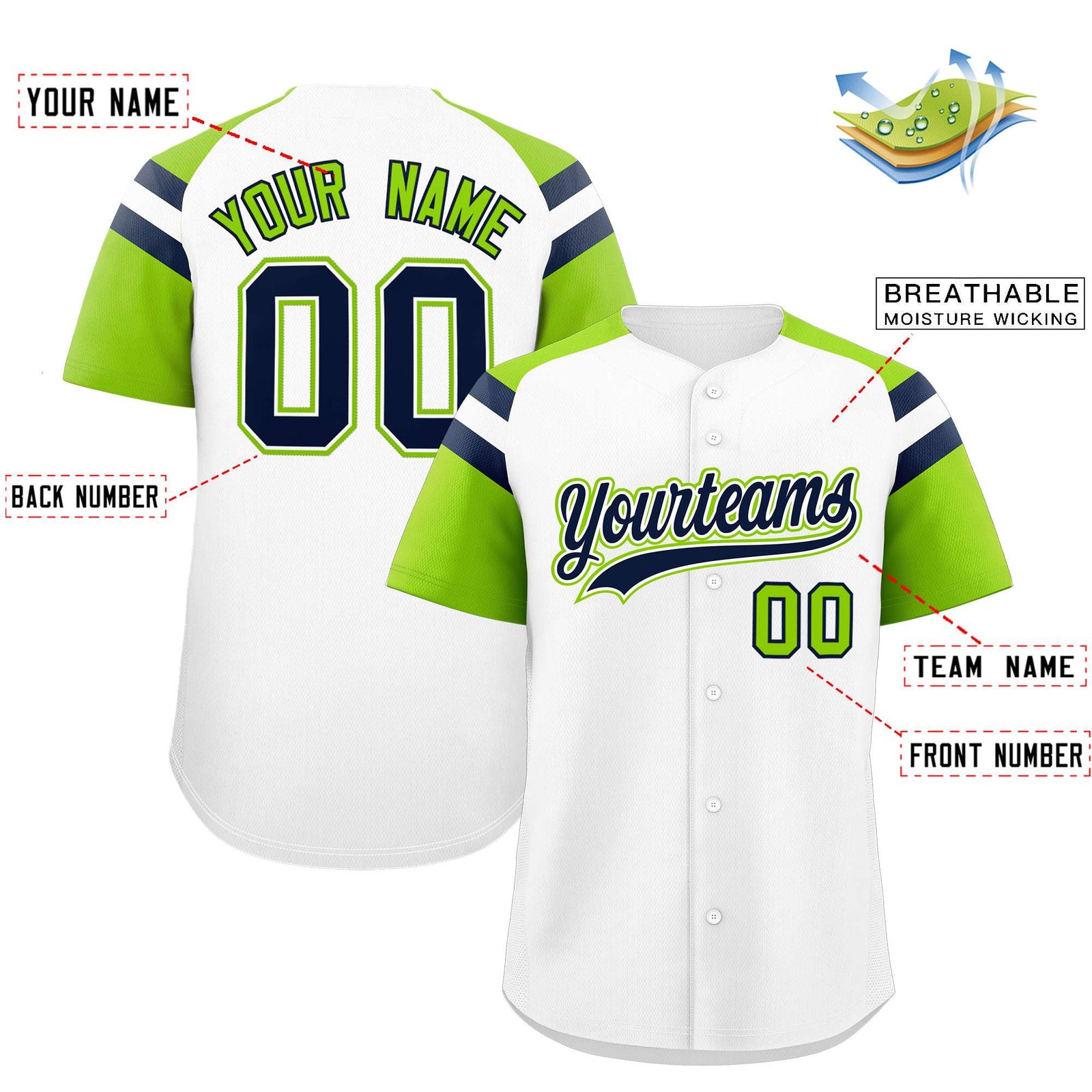 Custom White Neon Green Contrast Raglan Sleeves Authentic Baseball Jersey