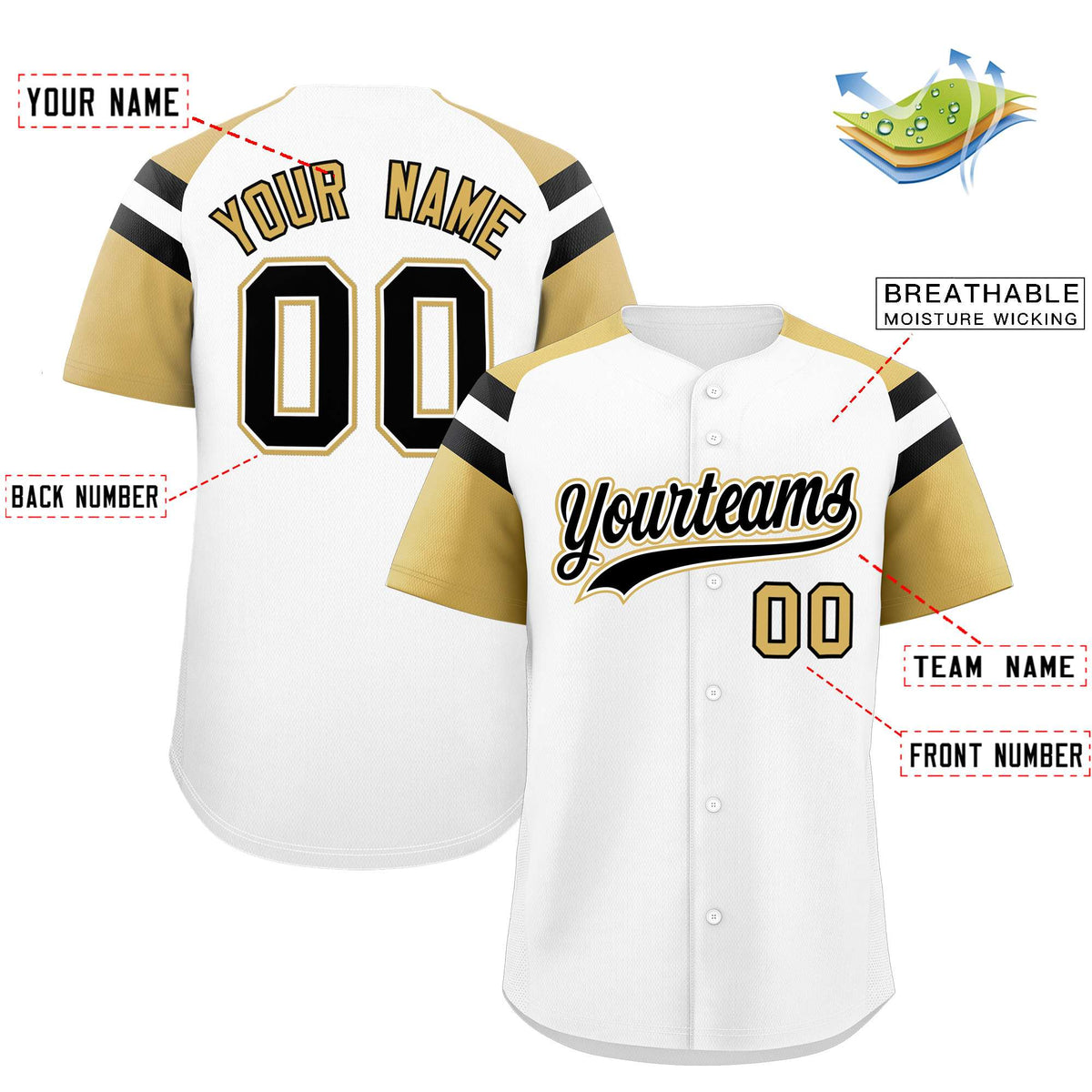 Custom White Old Gold Contrast Raglan Sleeves Authentic Baseball Jersey