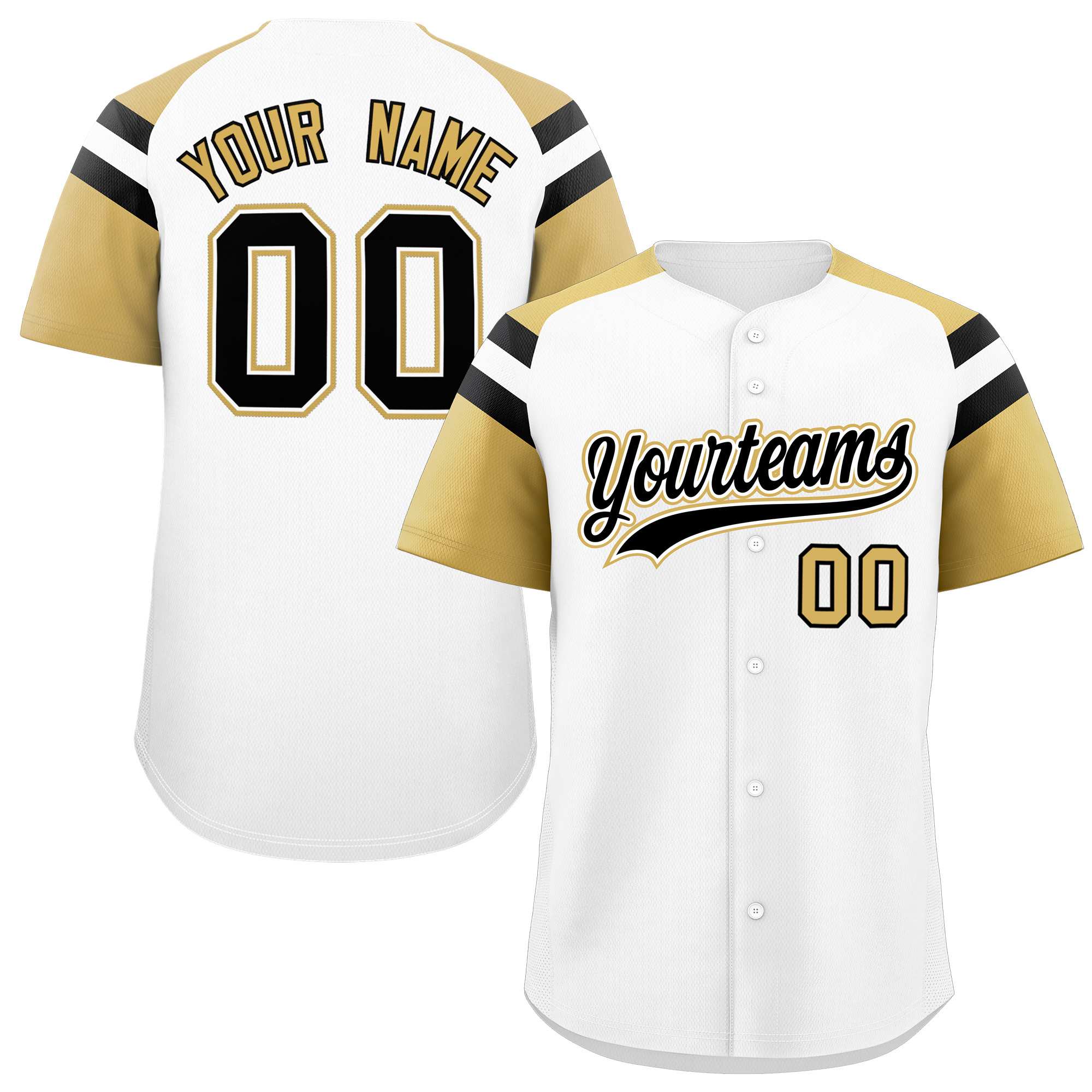 Custom White Old Gold Contrast Raglan Sleeves Authentic Baseball Jersey