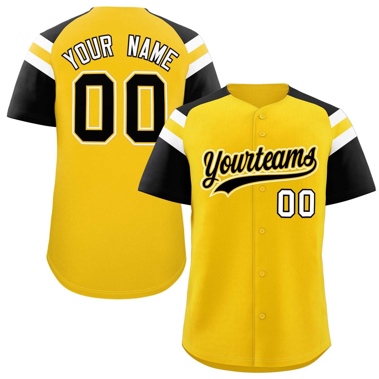 Custom Gold Black Contrast Raglan Sleeves Authentic Baseball Jersey