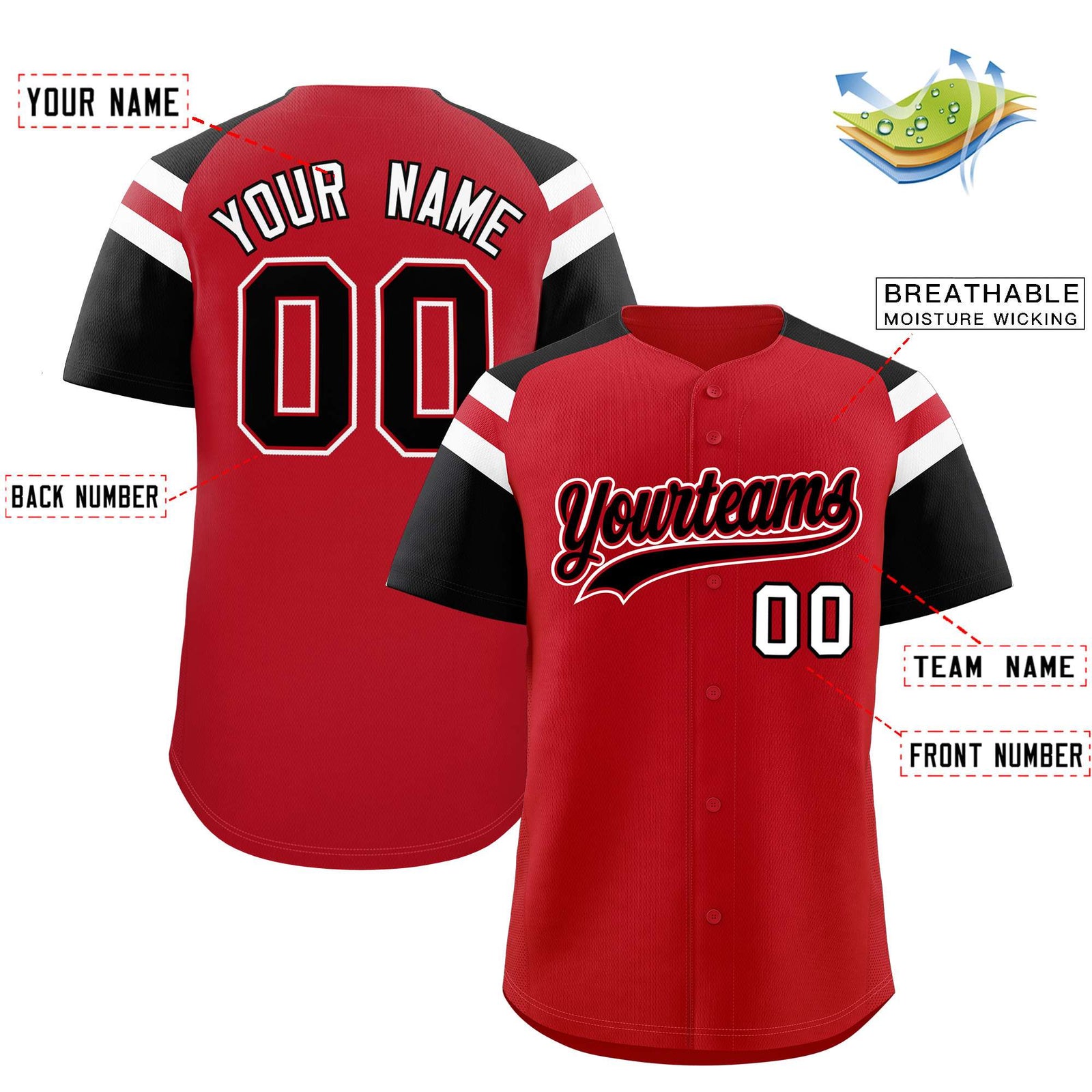 Custom Red Black Contrast Raglan Sleeves Authentic Baseball Jersey