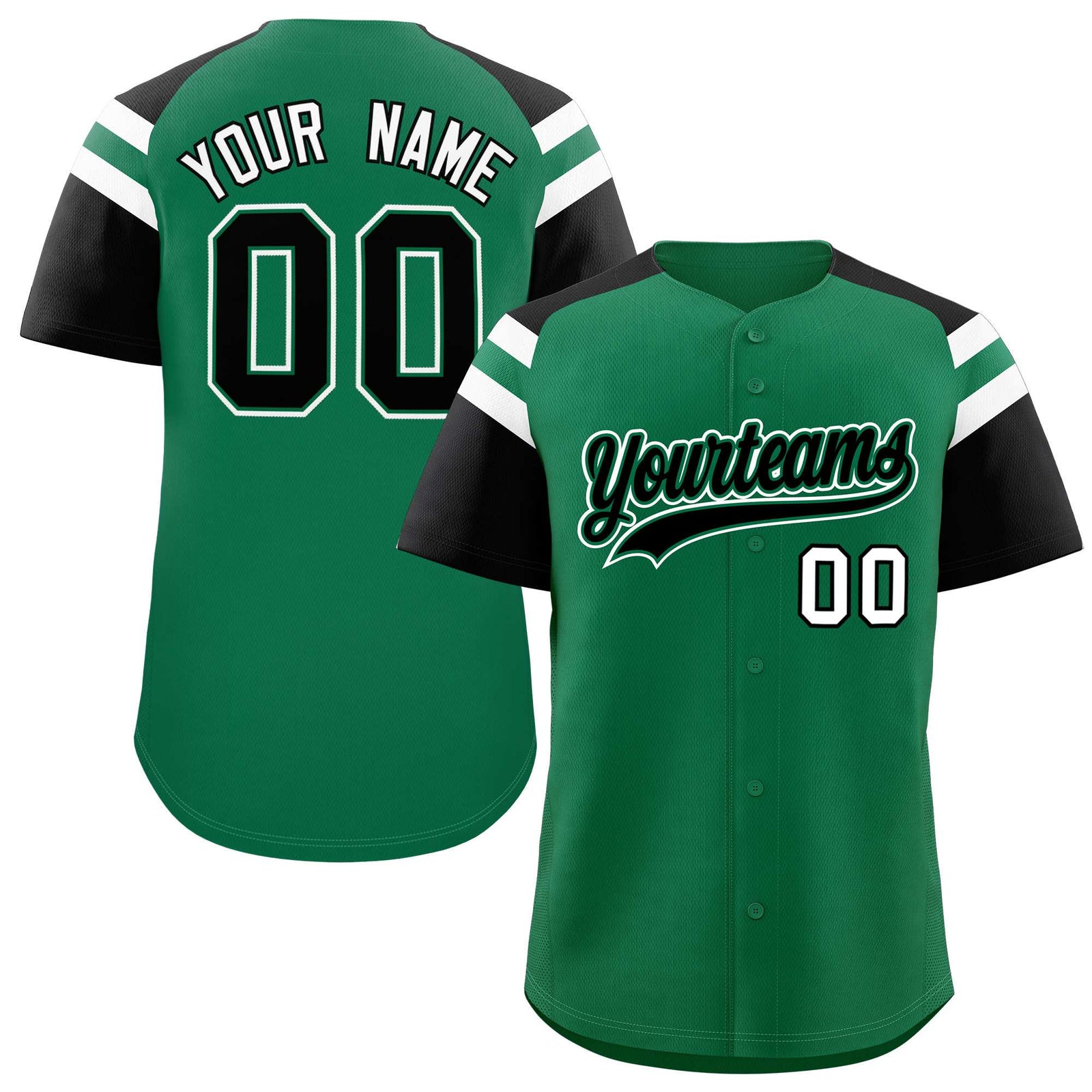 Custom Kelly Green Black Contrast Raglan Sleeves Authentic Baseball Jersey