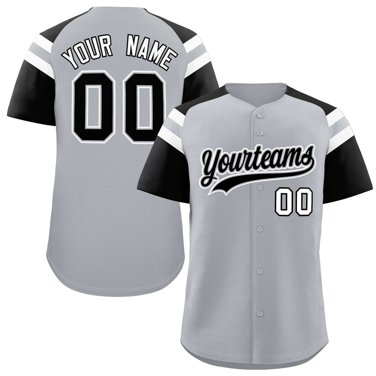 Custom Silver Black Contrast Raglan Sleeves Authentic Baseball Jersey