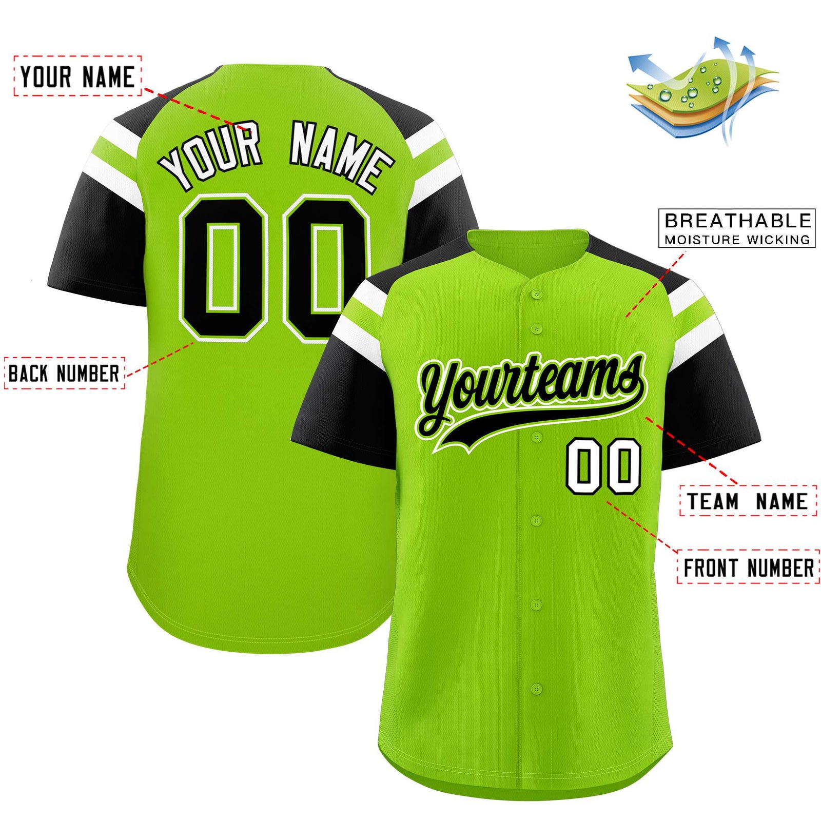 Custom Neon Green Black Contrast Raglan Sleeves Authentic Baseball Jersey