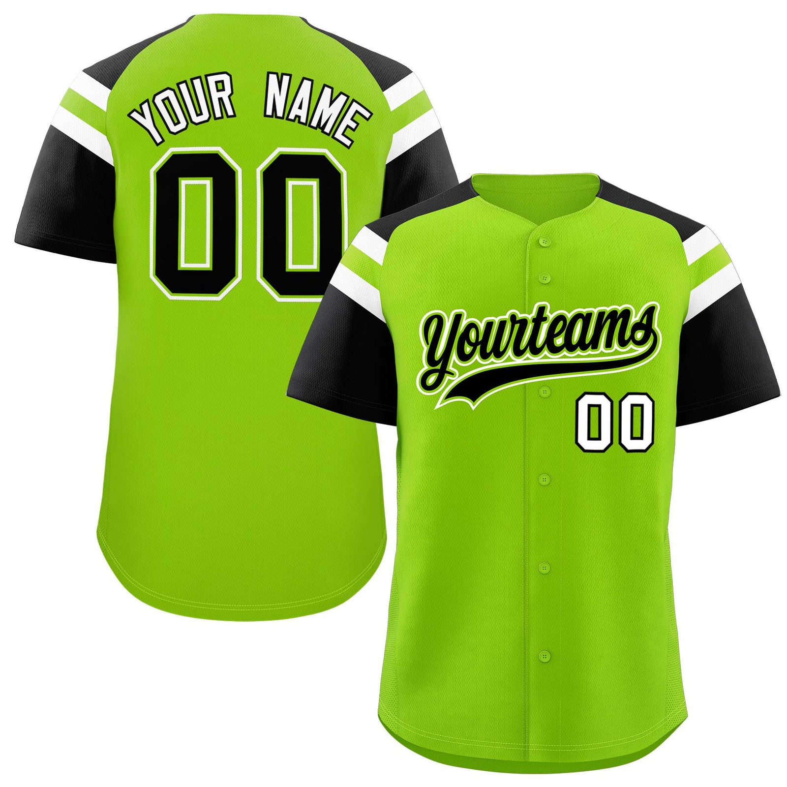 Custom Neon Green Black Contrast Raglan Sleeves Authentic Baseball Jersey