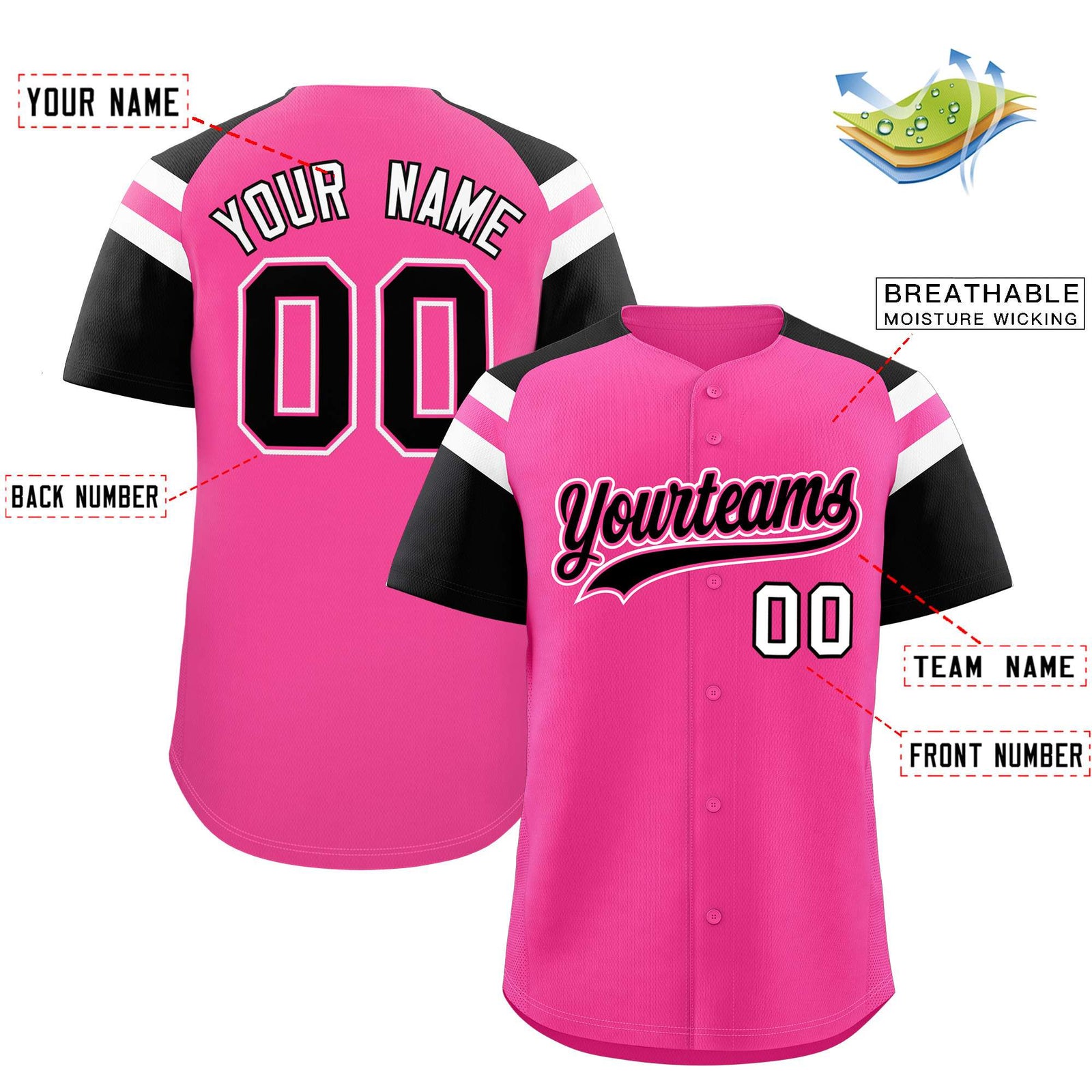 Custom Pink Black Contrast Raglan Sleeves Authentic Baseball Jersey