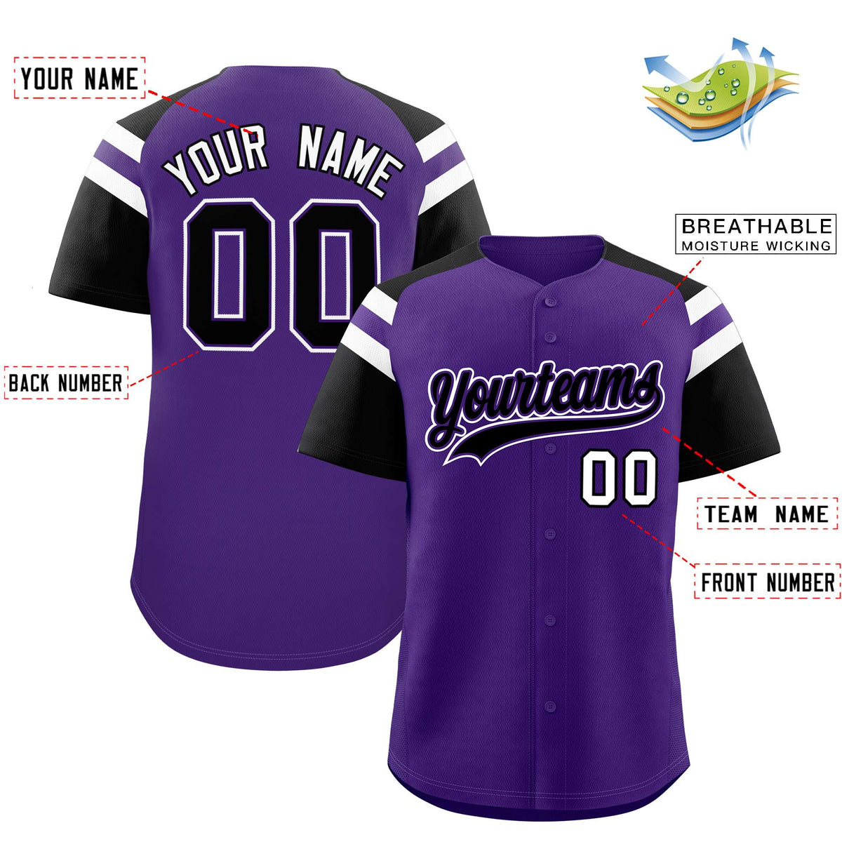 Custom Purple Black Contrast Raglan Sleeves Authentic Baseball Jersey