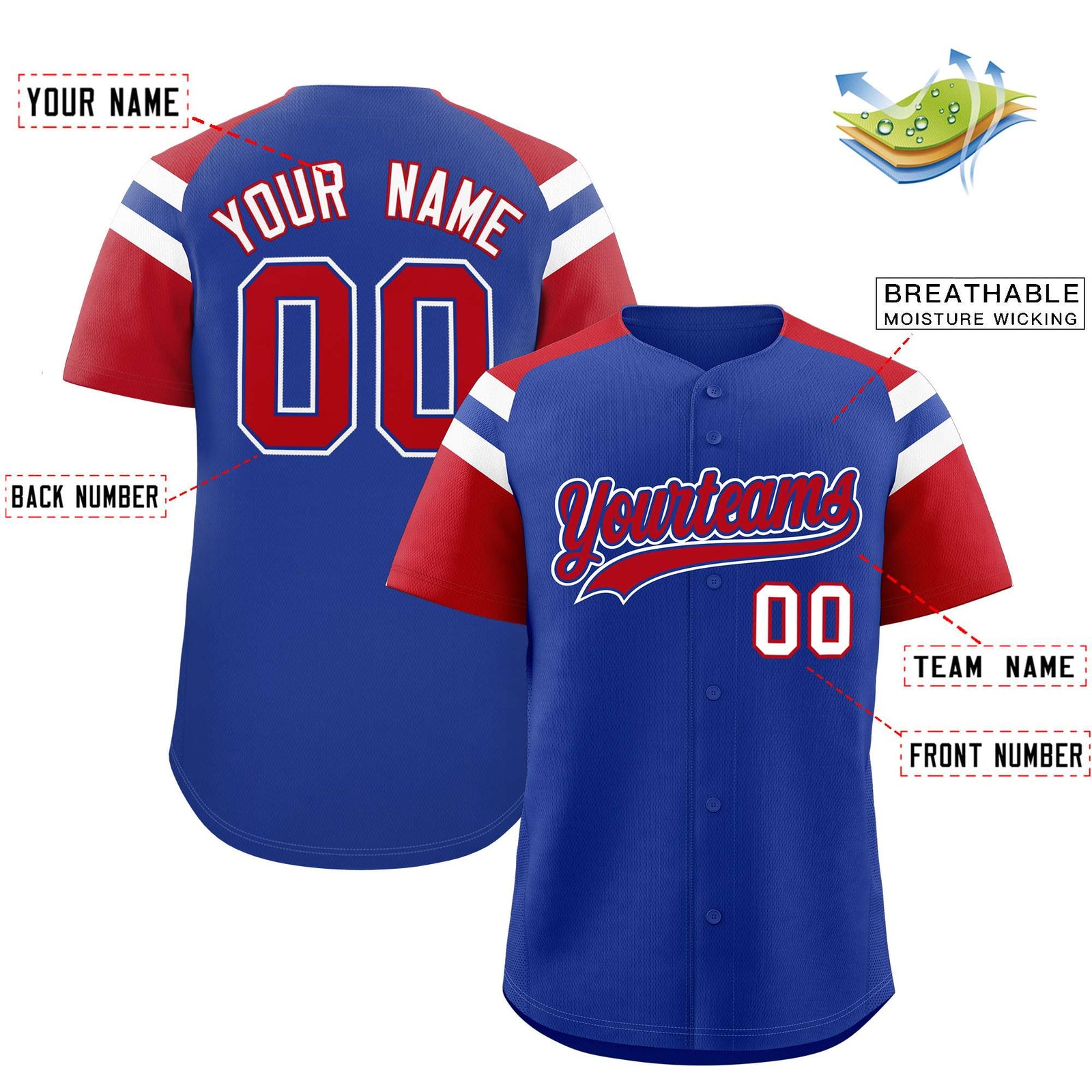 Custom Royal Red Contrast Raglan Sleeves Authentic Baseball Jersey
