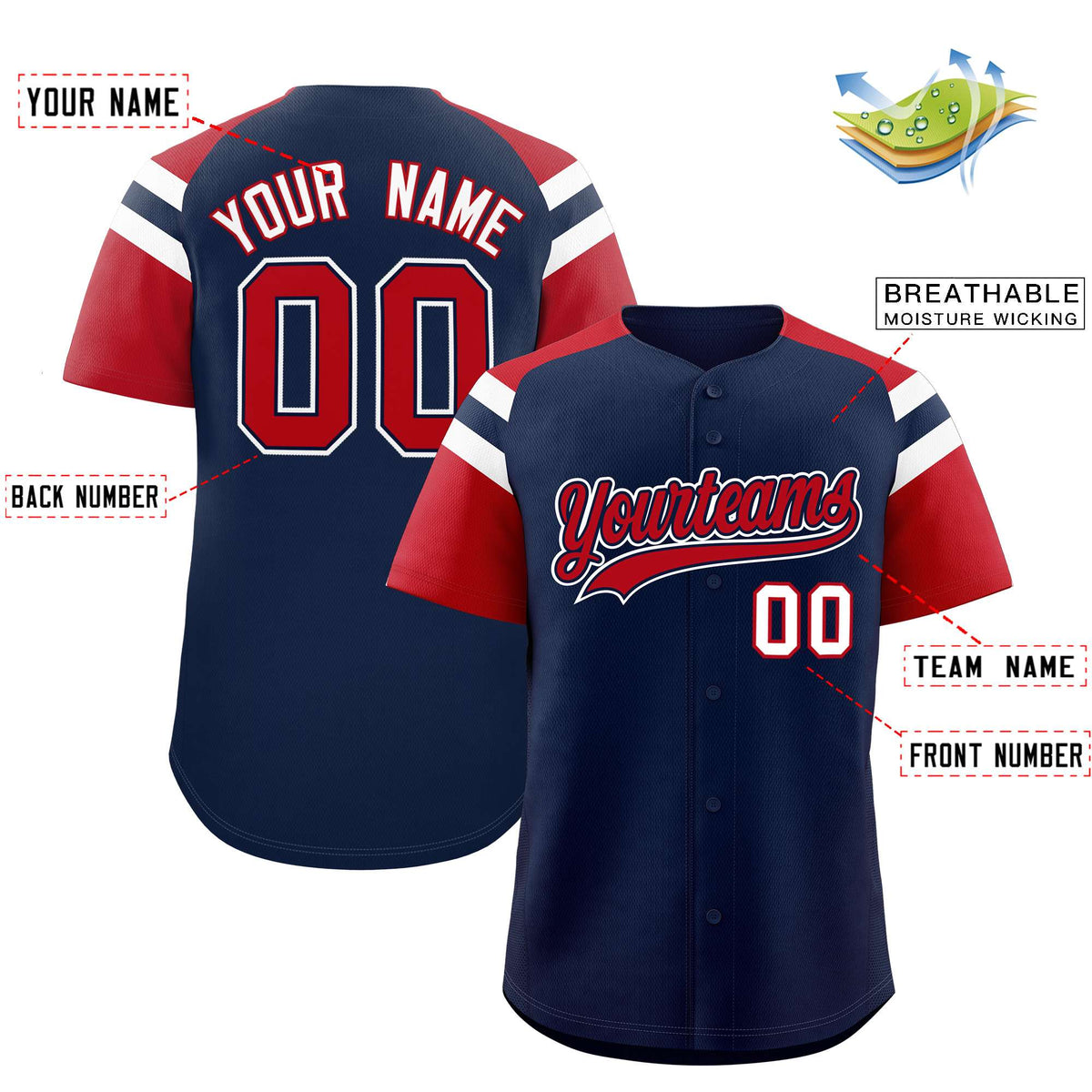 Custom Navy Red Contrast Raglan Sleeves Authentic Baseball Jersey