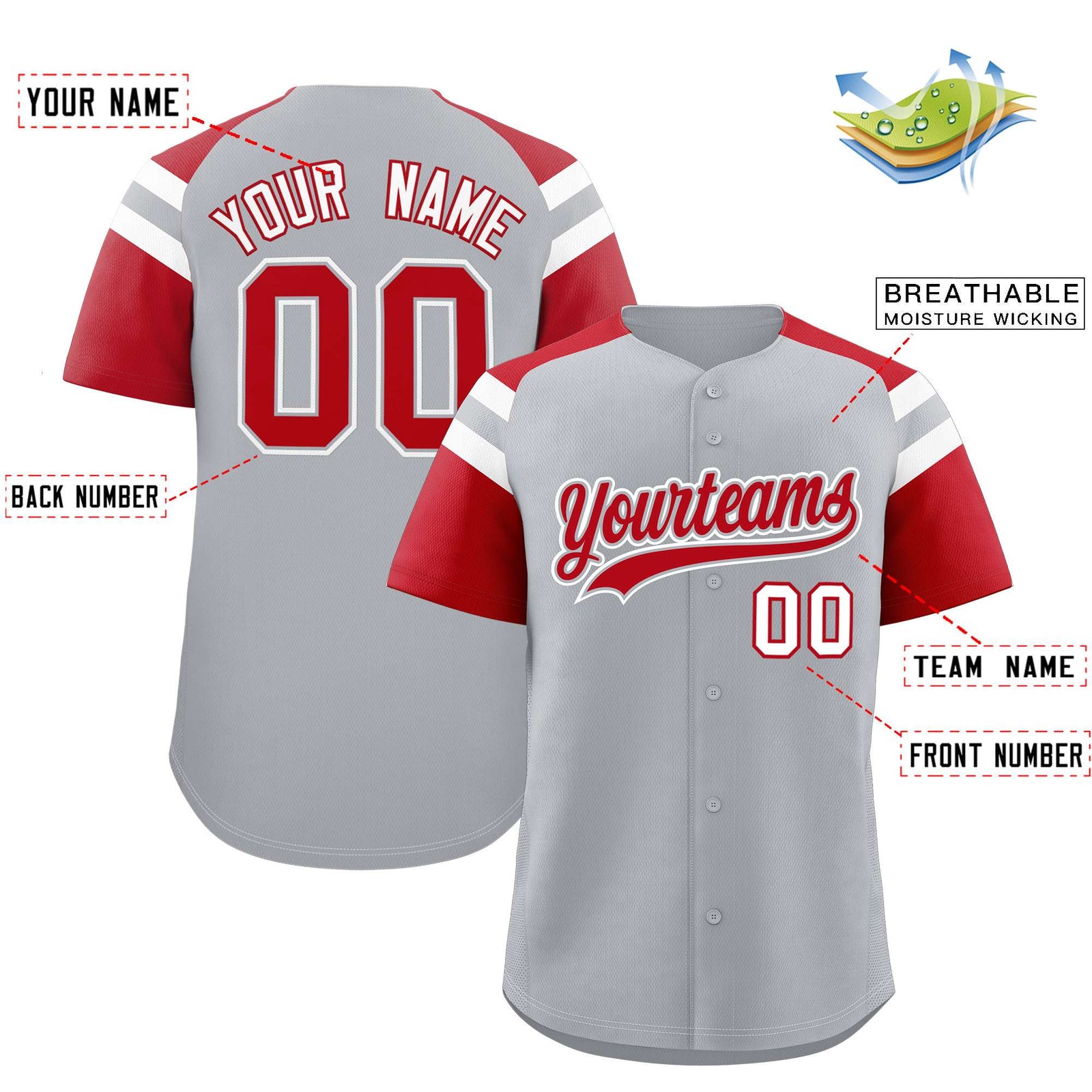 Custom Silver Red Contrast Raglan Sleeves Authentic Baseball Jersey
