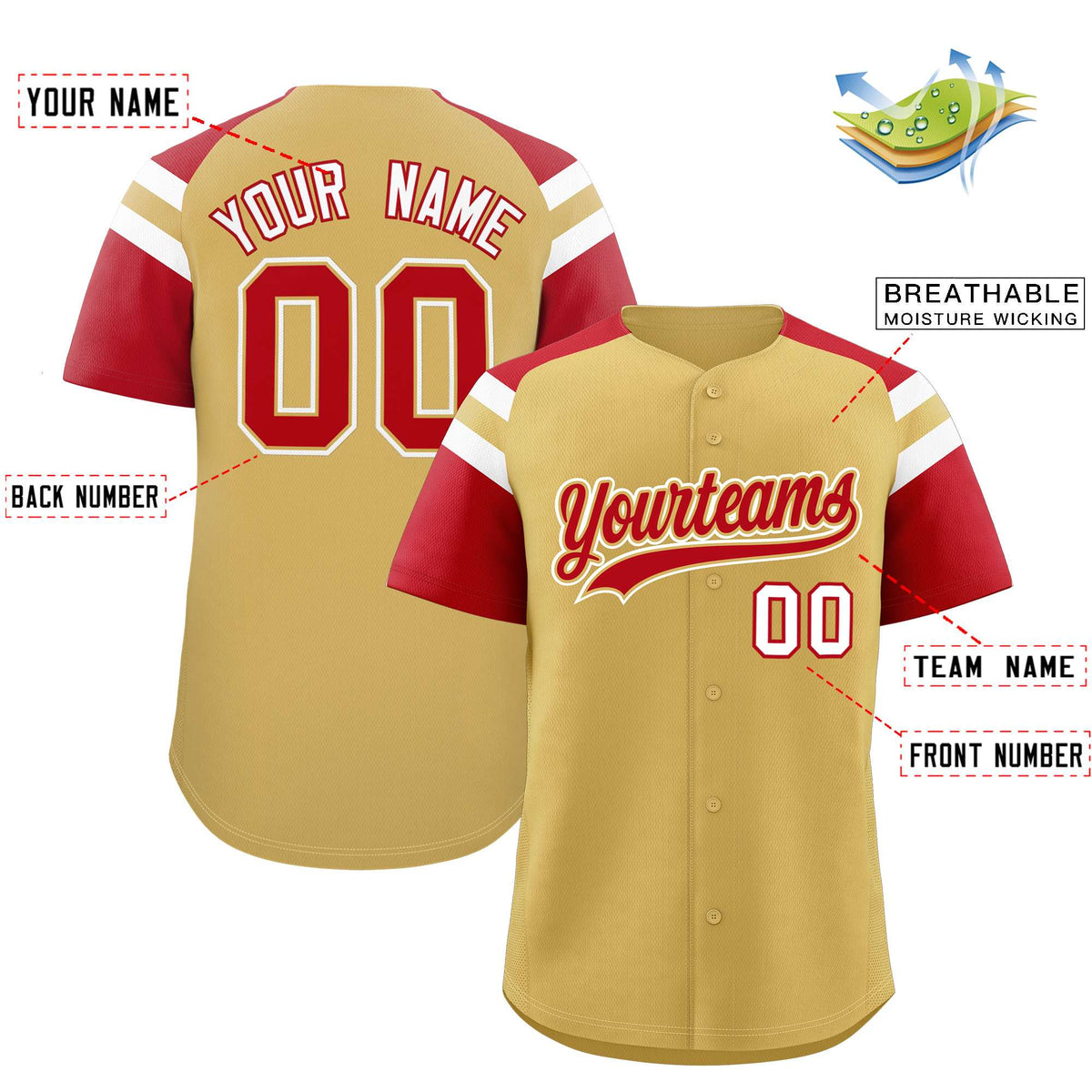 Custom Old Gold Red Contrast Raglan Sleeves Authentic Baseball Jersey