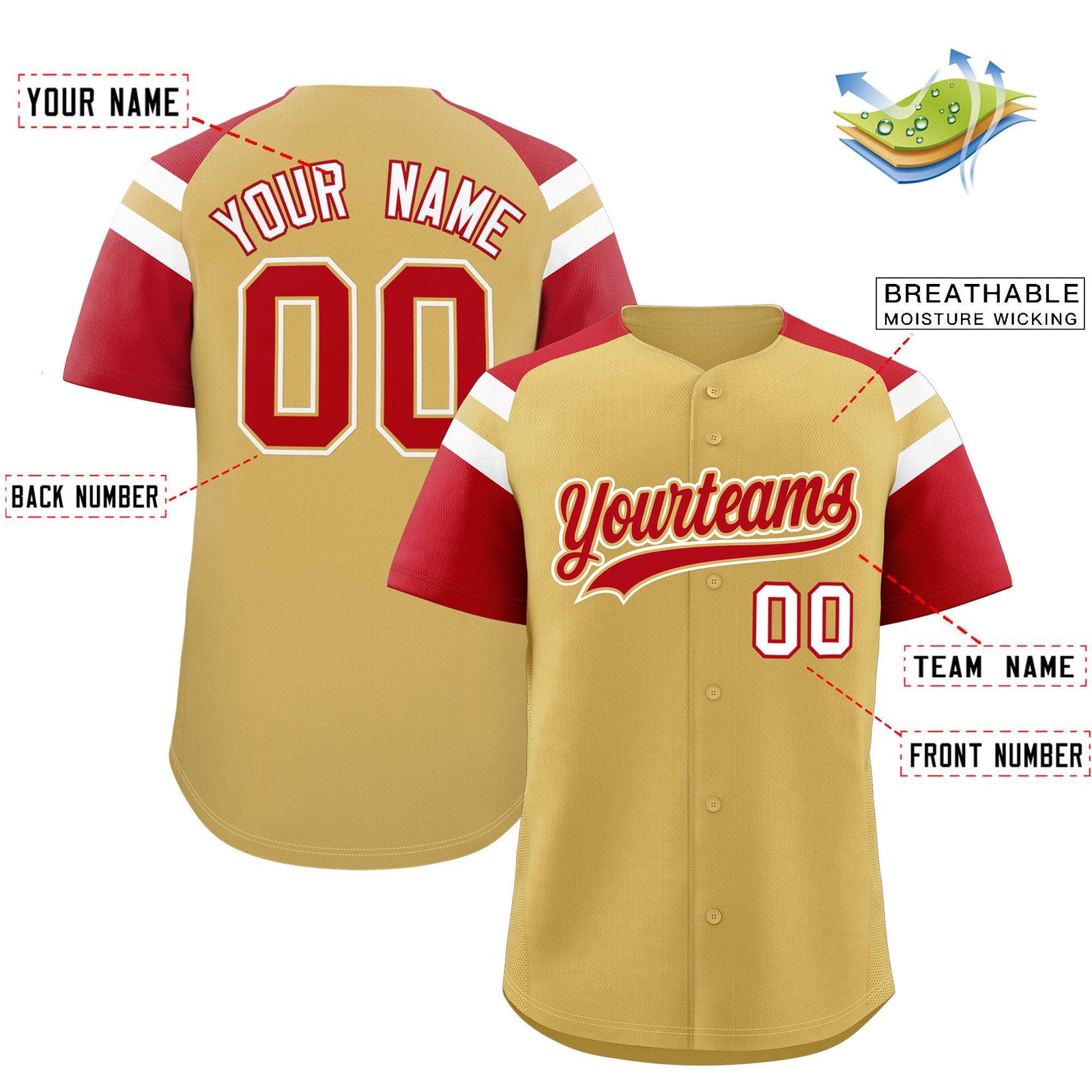 Custom Old Gold Red Contrast Raglan Sleeves Authentic Baseball Jersey